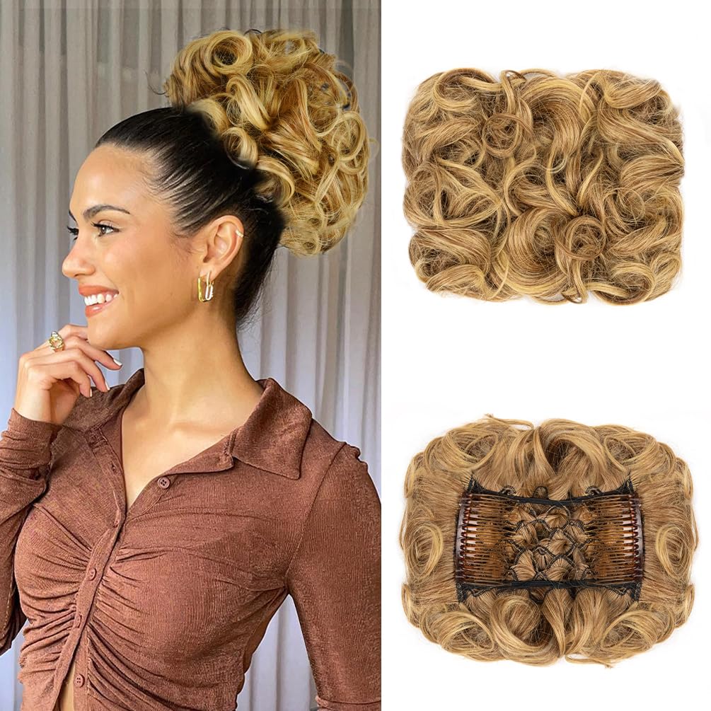 Extensión de moño corto y rizado con peines fáciles de estirar, bandeja para chignon Updo, coletero para mujeres y niñas (12T24 marrón mezclado con