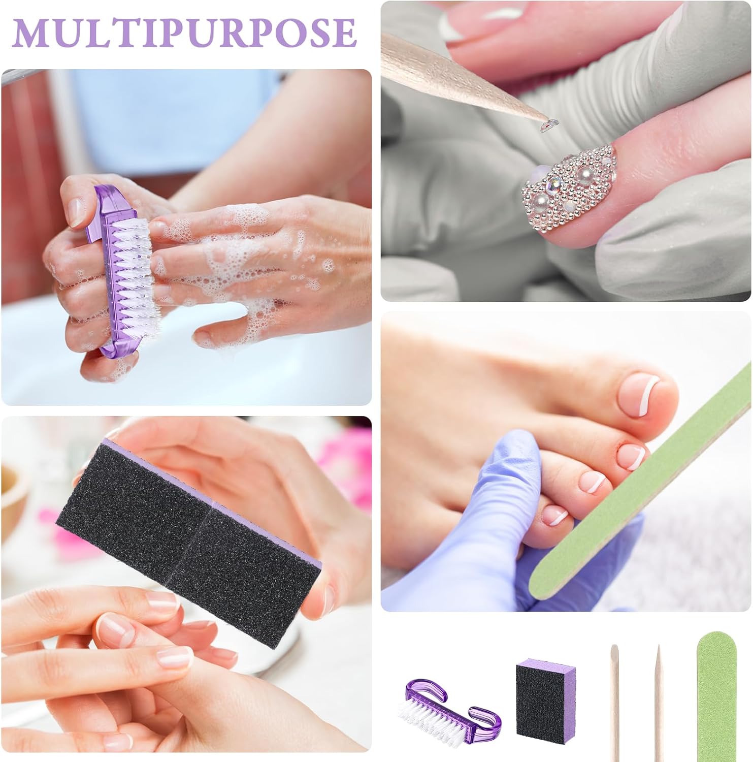 Juego de 100 juegos de manicura desechable profesional, básico de 4 piezas, lima de uñas de madera, grano 100180, mini amortiguador de grano 80100,
