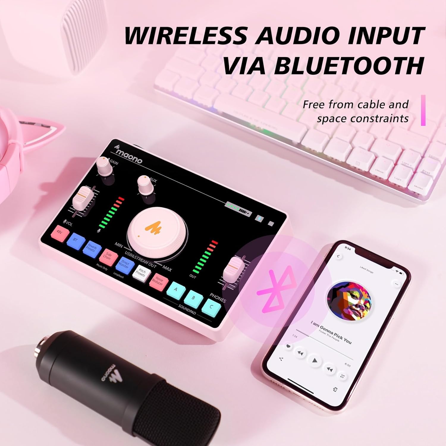 MAONO Mezclador de audio para transmisión, interfaz de audio con preamplificador profesional, Bluetooth, batería incorporada, cancelación de ruido,