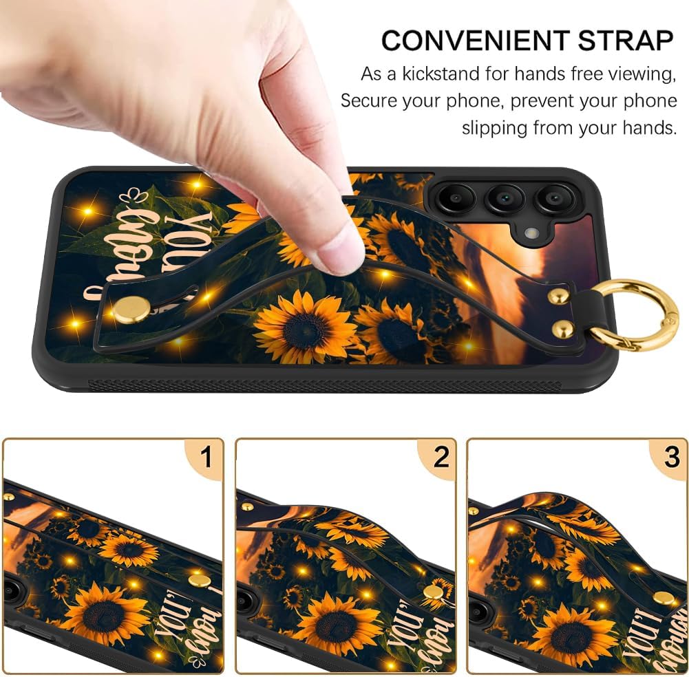 LSL Compatible con Samsung Galaxy A15 5G Shine Girasoles Funda con correa de muñeca con soporte para mujeres y niñas, textura de neumático TPU