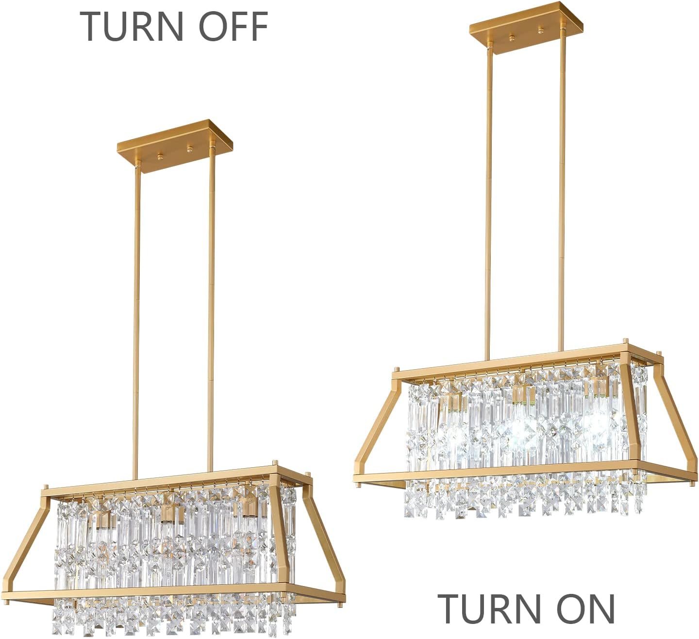 LMQNINE Lámpara colgante de cristal de metal dorado para cocina, isla de comedor, sala de estar, techo plano e inclinado (rectangular, 25.98