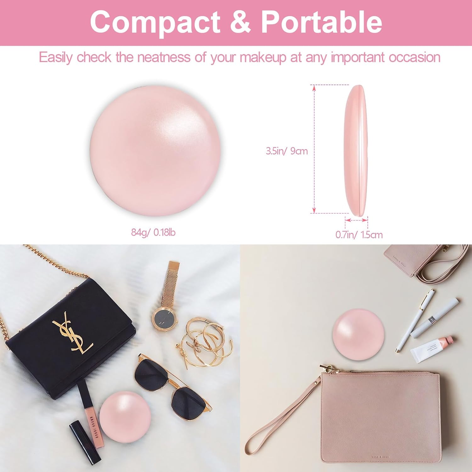 Espejo de maquillaje de viaje, espejo compacto con aumento 1x10x, portátil, pequeño espejo iluminado con luz LED, espejo de mano para bolso y