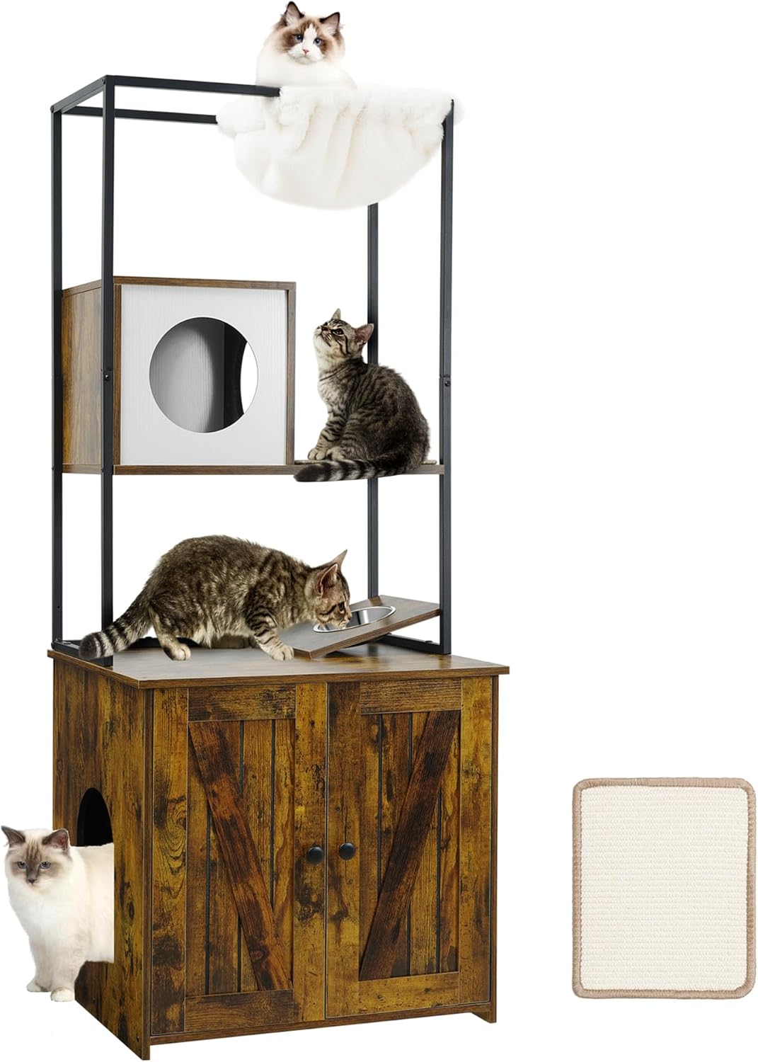 DWANTON Árbol para gatos con caja de arena, torre para gatos moderna todo en uno con condominio, hamaca, estación de alimentos, alfombrilla para