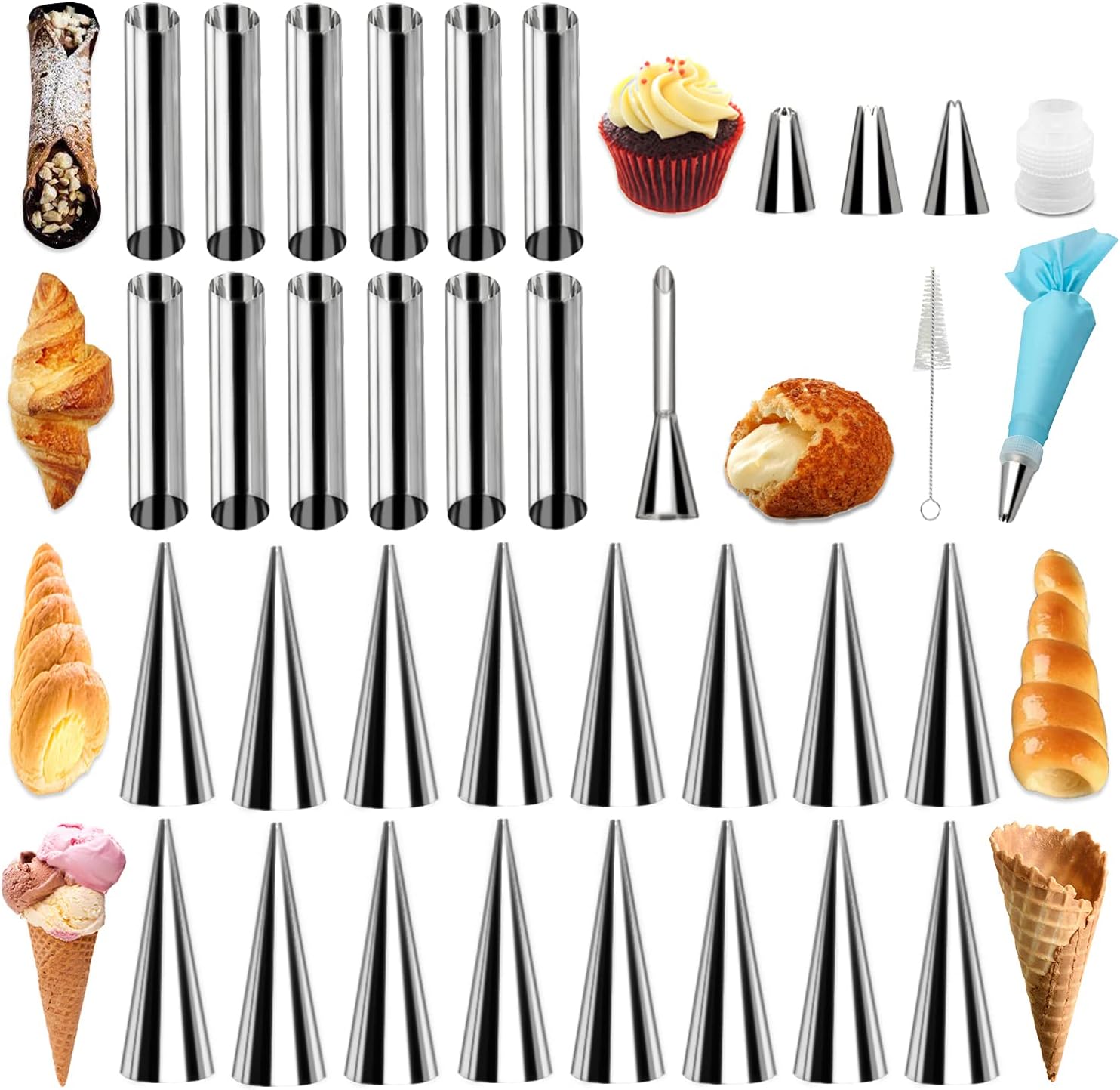 Juego de 35 tubos de forma de canoli, molde de cuerno crema, acero inoxidable antiadherente, 16 piezas en forma de cono y 12 moldes para hornear en