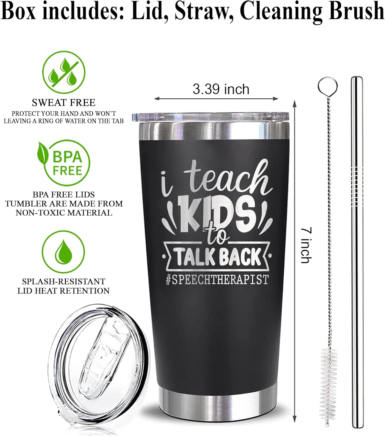 HTDesigns Vaso grabado para terapeuta del habla con texto en inglés “I Teach Kids To Talk Back”, regalo para terapeuta del habla y lenguaje, vaso