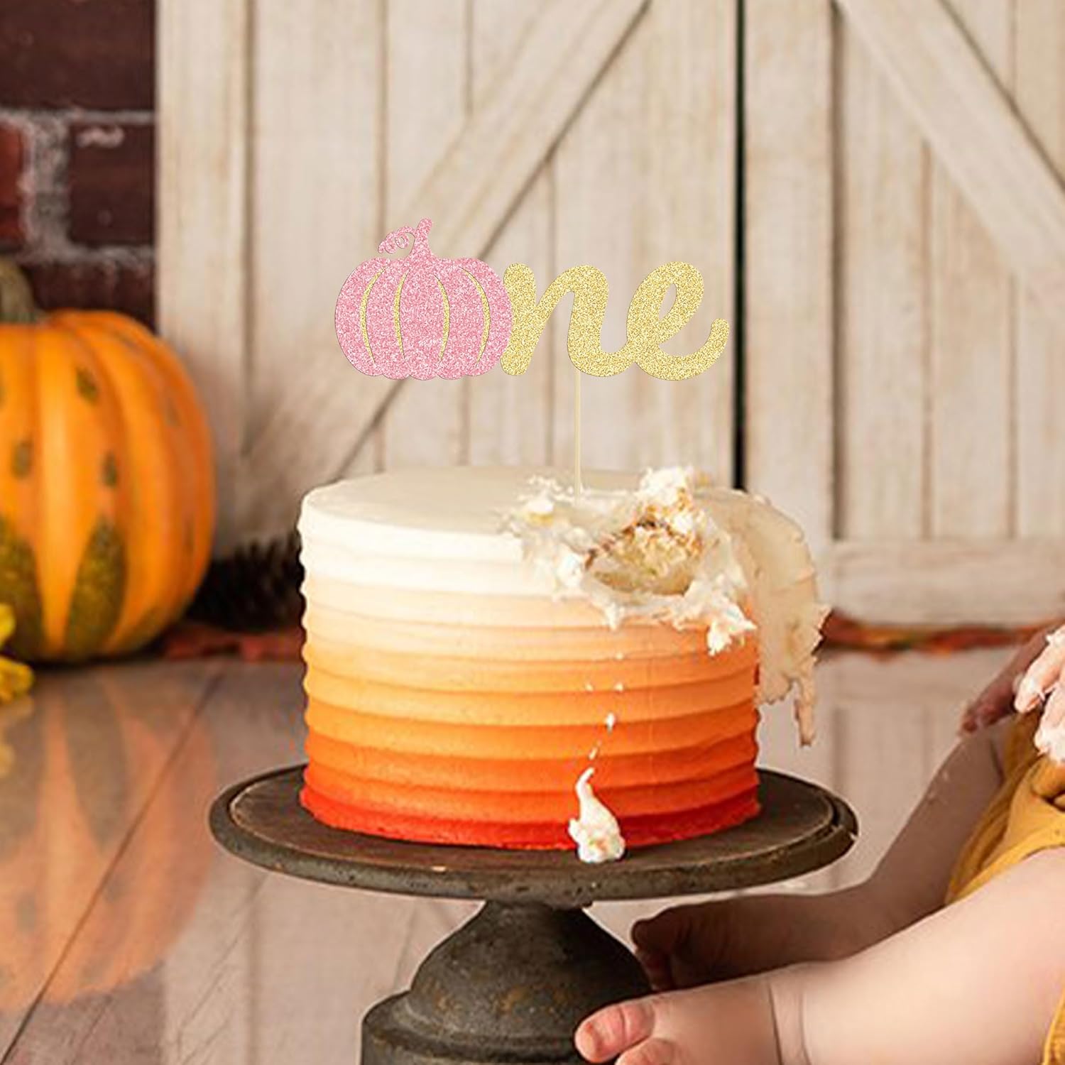 Gyufise 1 paquete de decoración de pastel de calabaza con purpurina rosa, temática de otoño para niña, calabaza pequeña, decoración de primer