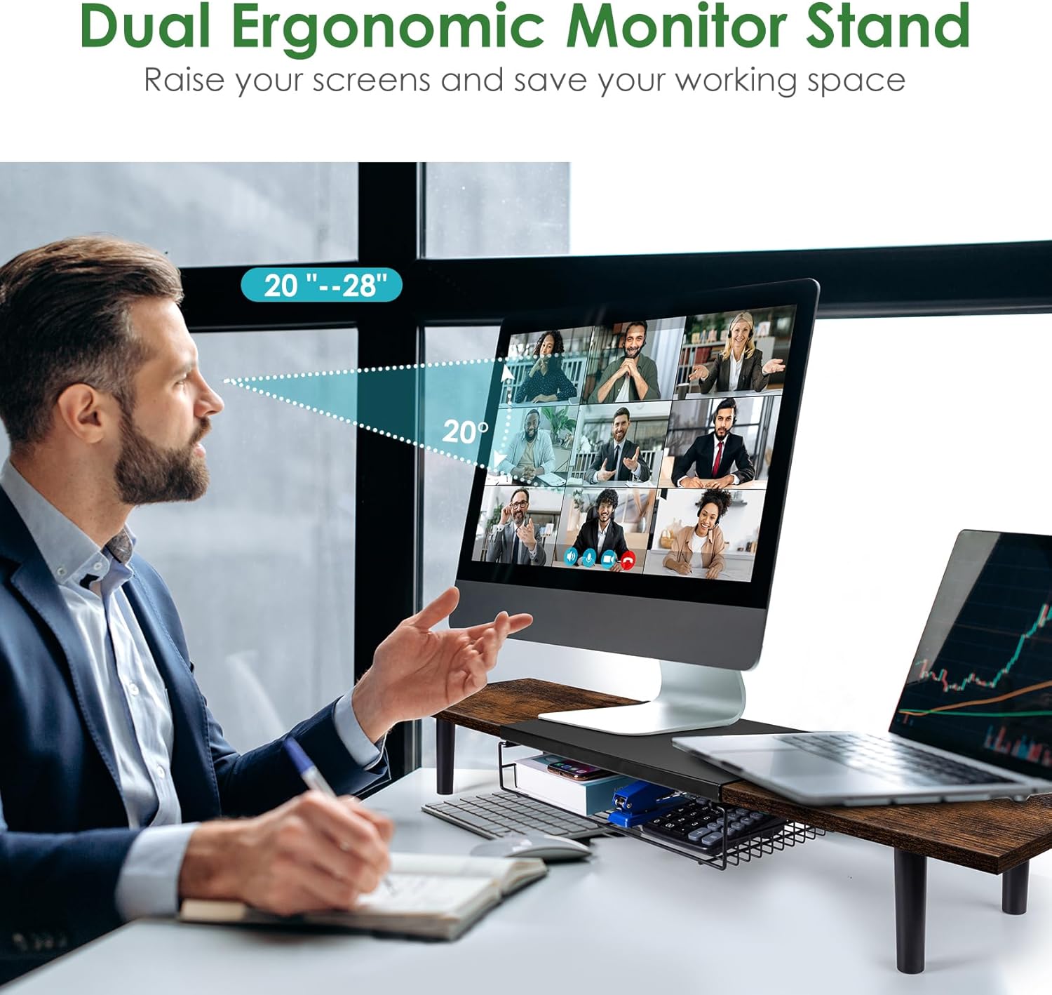 Soporte de monitor doble para 2 monitores, elevador de TV grande con organizador de escritorio de longitud ajustable, soporte de monitor de