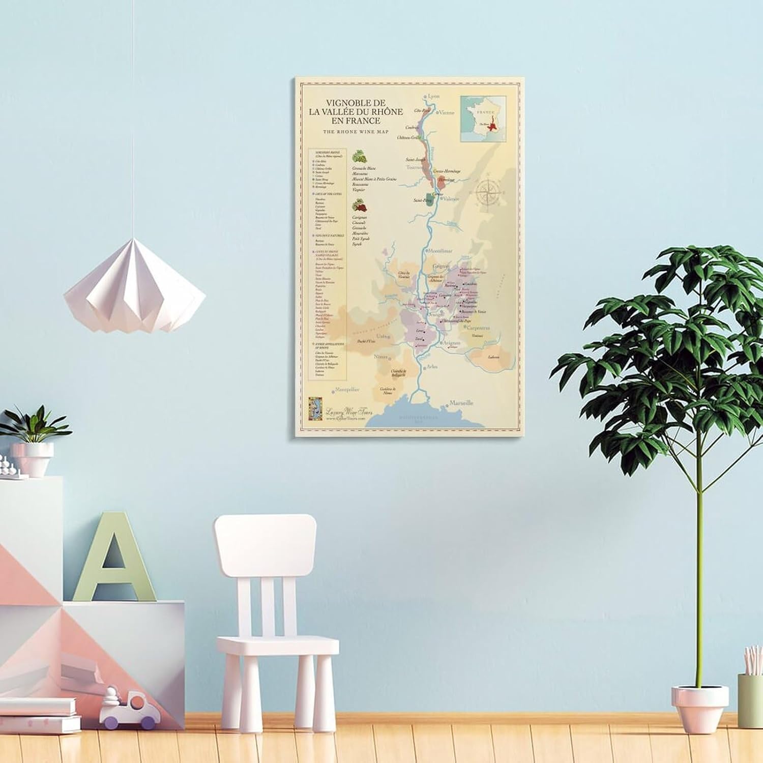 BETSON Póster de Francia, mapa del valle del Ródano septentrional, mapa de regiones vinícolas, póster en lienzo para decoración de pared, pintura
