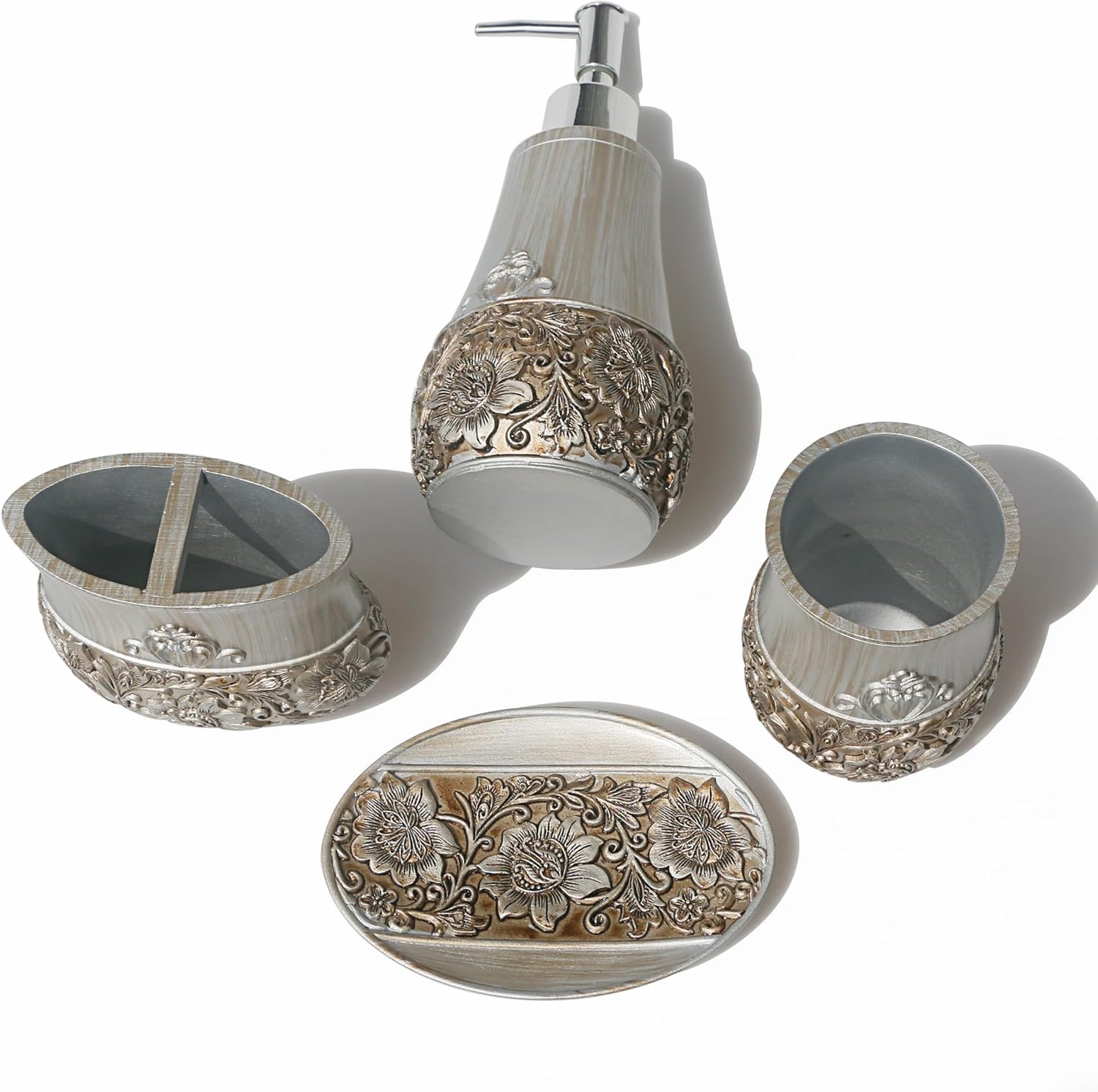 Juego de accesorios de baño de resina, estilo rústico que incluye 1 taza, 1 soporte para cepillos de dientes, 1 jabonera y 1 dispensador de jabón,