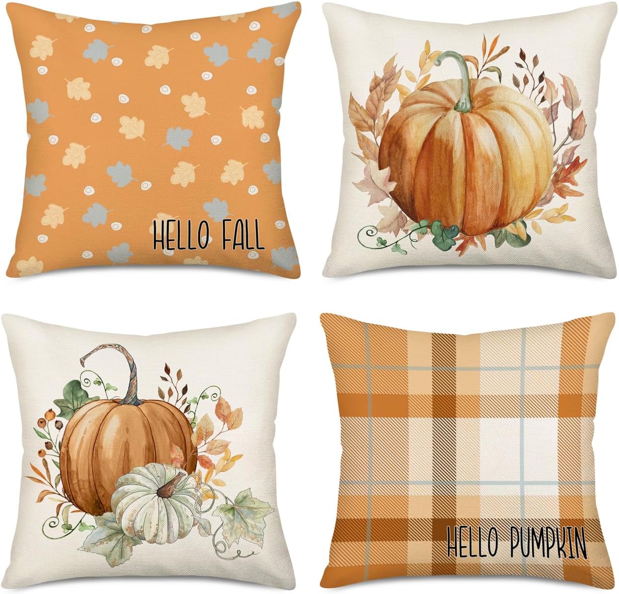 Smilyard Juego de 4 fundas de almohada de Hello Fall Hello Pumpkin de 22 x 22 pulgadas, diseño de búfalo naranja, decoración de otoño, hojas de