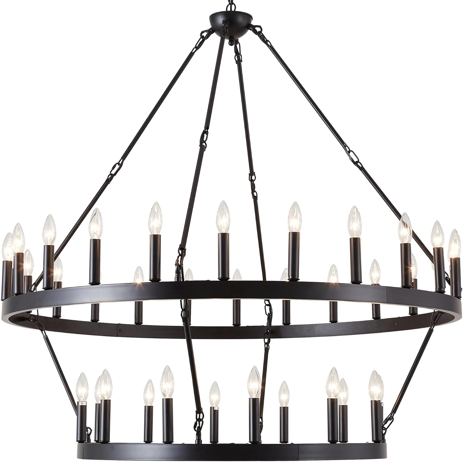 XILICON Candelabro negro con rueda de carro, lámpara de 2 niveles y 36 luces de granja, lámpara colgante de techo para cocina, comedor, entrada