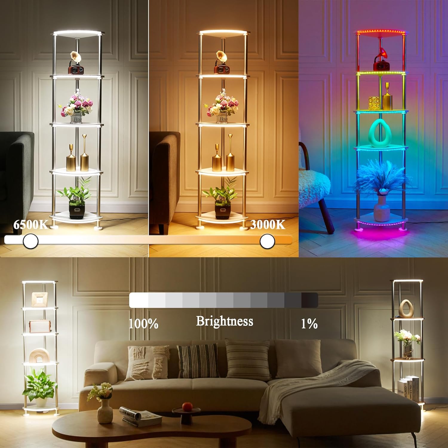 Lámpara de pie con estantes de altura ajustable RGB lámpara de pie con sincronización de música LED lámpara de pie de esquina con estación de carga,