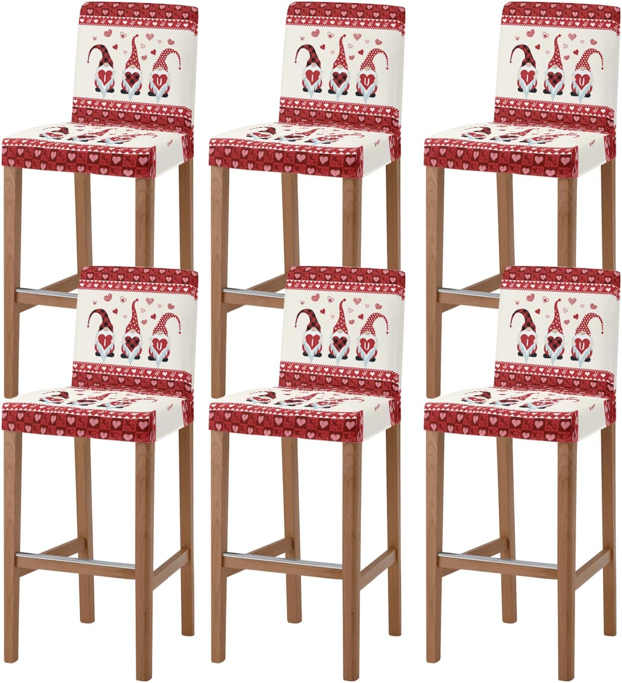 Bar Stool Covers Gnomes with Heart Stretch Removable Bar Chair Cover I Love You Red Buffalo Check Plaid Counter Slipcovers for Kitchen Pub Dining