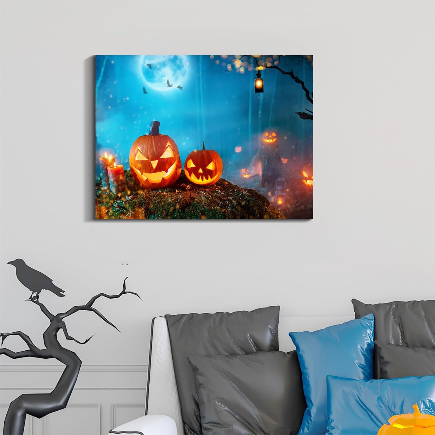 Denozer – Lienzo decorativo para pared con imágenes temáticas de Halloween, decoración de pared de calabaza iluminada, decoración de pared del hogar