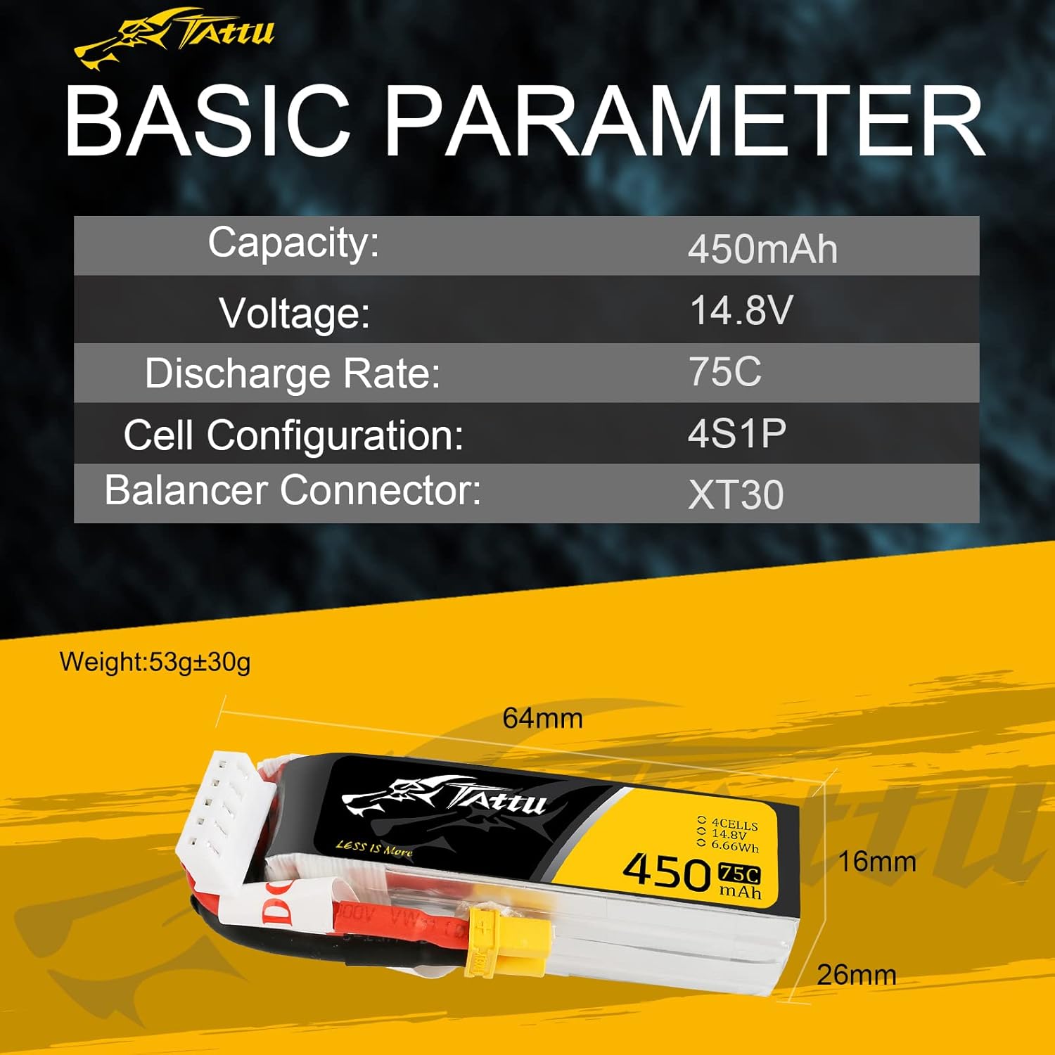 Gens ace Tattu 4S Lipo Batería 14.8 V 450 mAh 75C Lipo Batería XT30 Plug para H Frame Mini RC Racing Drone FPV