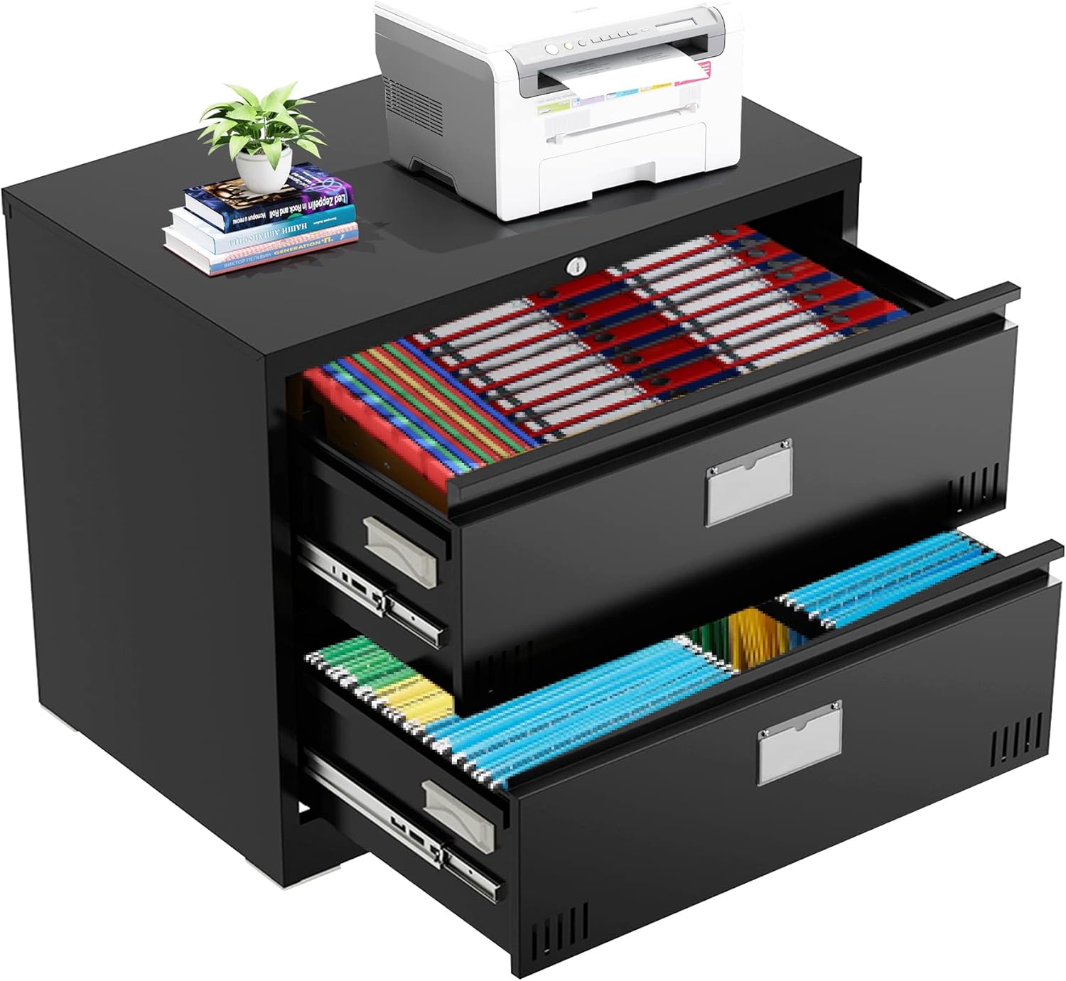 Archivador lateral con cerradura, archivador vertical de 2 cajones, archivador horizontal de metal con ranura para tarjetas para oficina en casa,