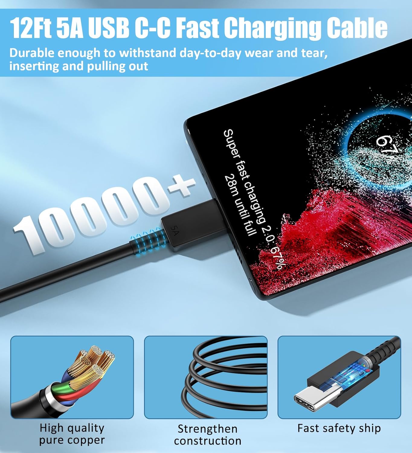 Cargador súper rápido Samsung USB-C de 45 W, bloque tipo C y cargador de teléfono Android de 12 pies, cable de carga rápida para Samsung Galaxy S24