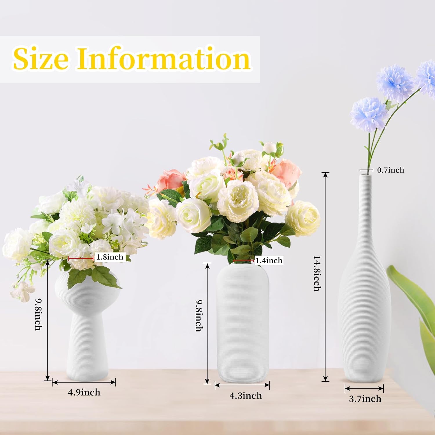 Juego de 3 jarrones para flores, jarrones de cerámica minimalistas para decoración del hogar, jarrón blanco alto para centros de mesa, boda,