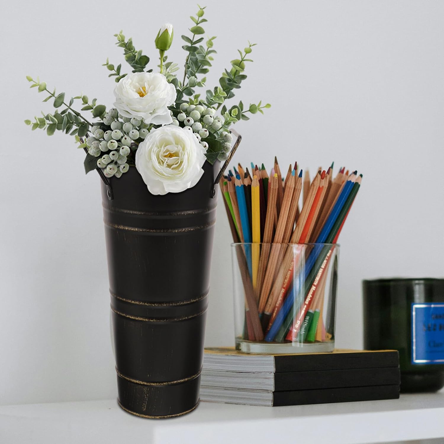 Veemoon Soporte de cubo de flores francesas, pequeño estante de metal para paraguas rústico, jarrón galvanizado para boda, hogar, cocina, mesa,
