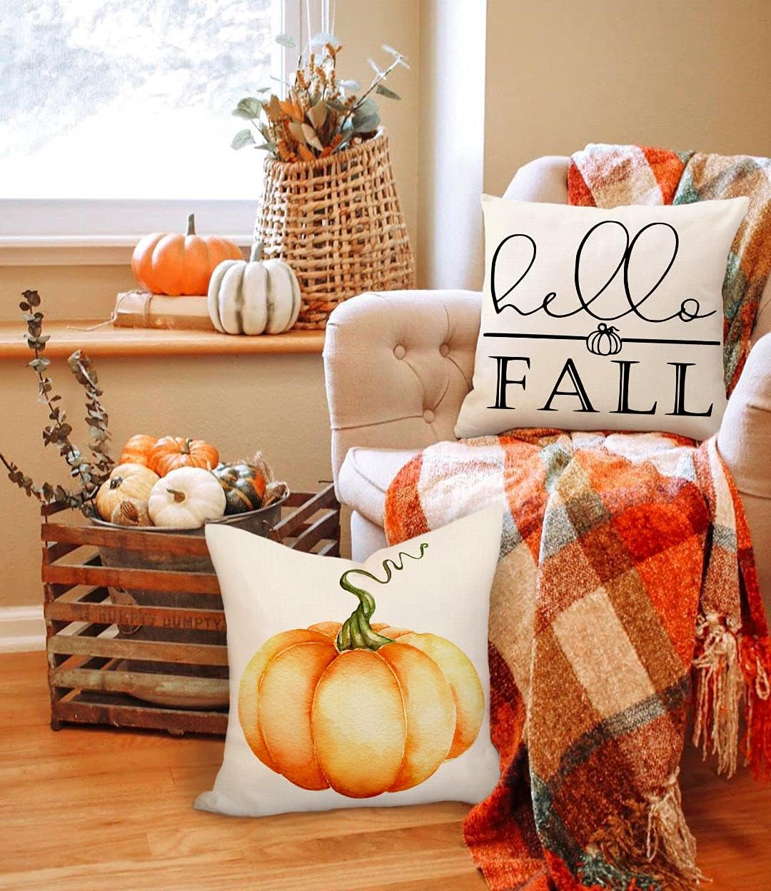 4TH Emotion Juego de 4 fundas de almohada decorativas de otoño de 20 x 20 pulgadas, diseño de calabaza naranja para decoración de casa de campo,