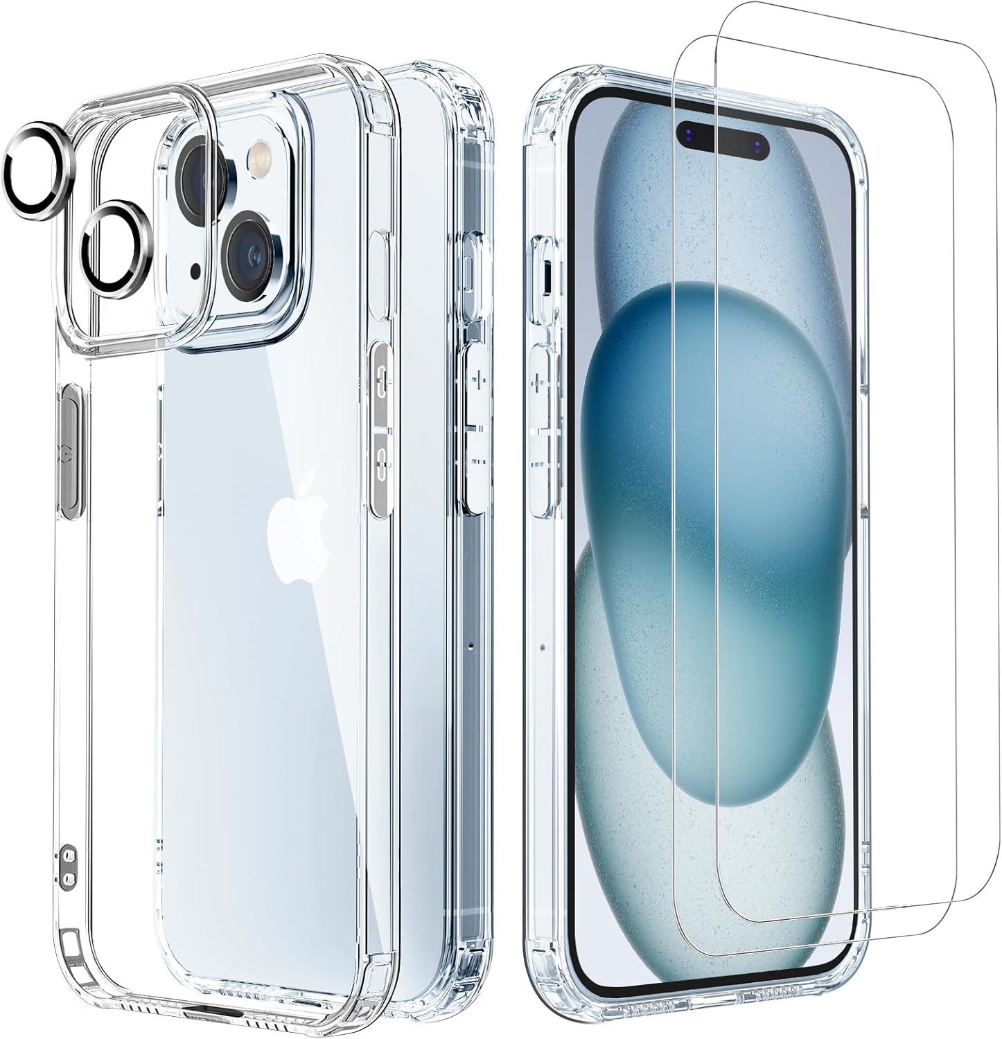 GLIMALL Funda transparente 5 en 1 diseñada para iPhone 15 con protector de pantalla 2 unidades + protector de lente de cámara 2 unidades, cubierta