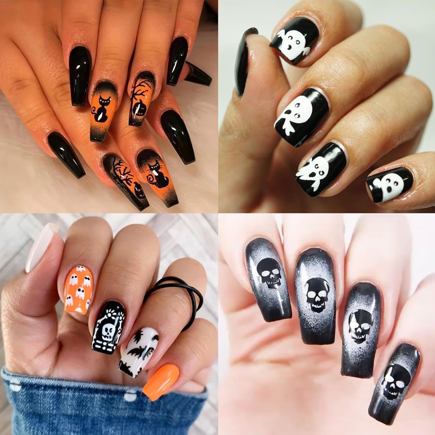 Calcomanías de uñas de Halloween para arte de uñas 3D, autoadhesivas en 3D, diseño de calavera negra, calabaza, araña, gato, murciélago, lindo