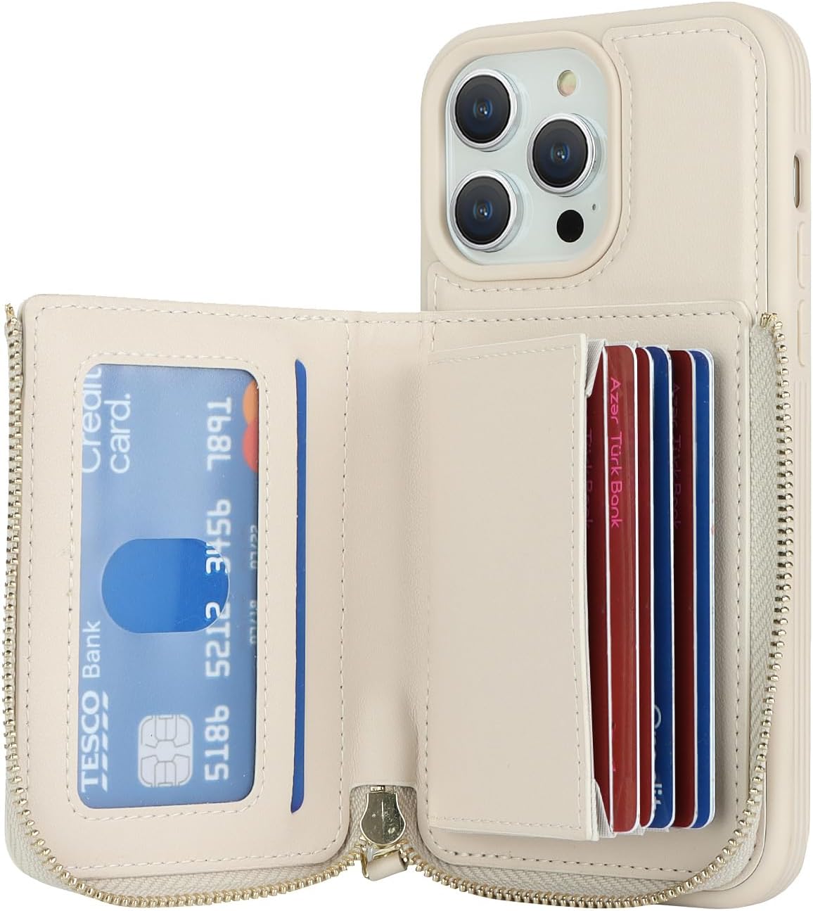 Funda para iPhone 14 Pro Max con tarjetero con cremallera para mujer, iPhone 14 Pro Max, cartera con tarjeta de crédito con anillo y soporte de