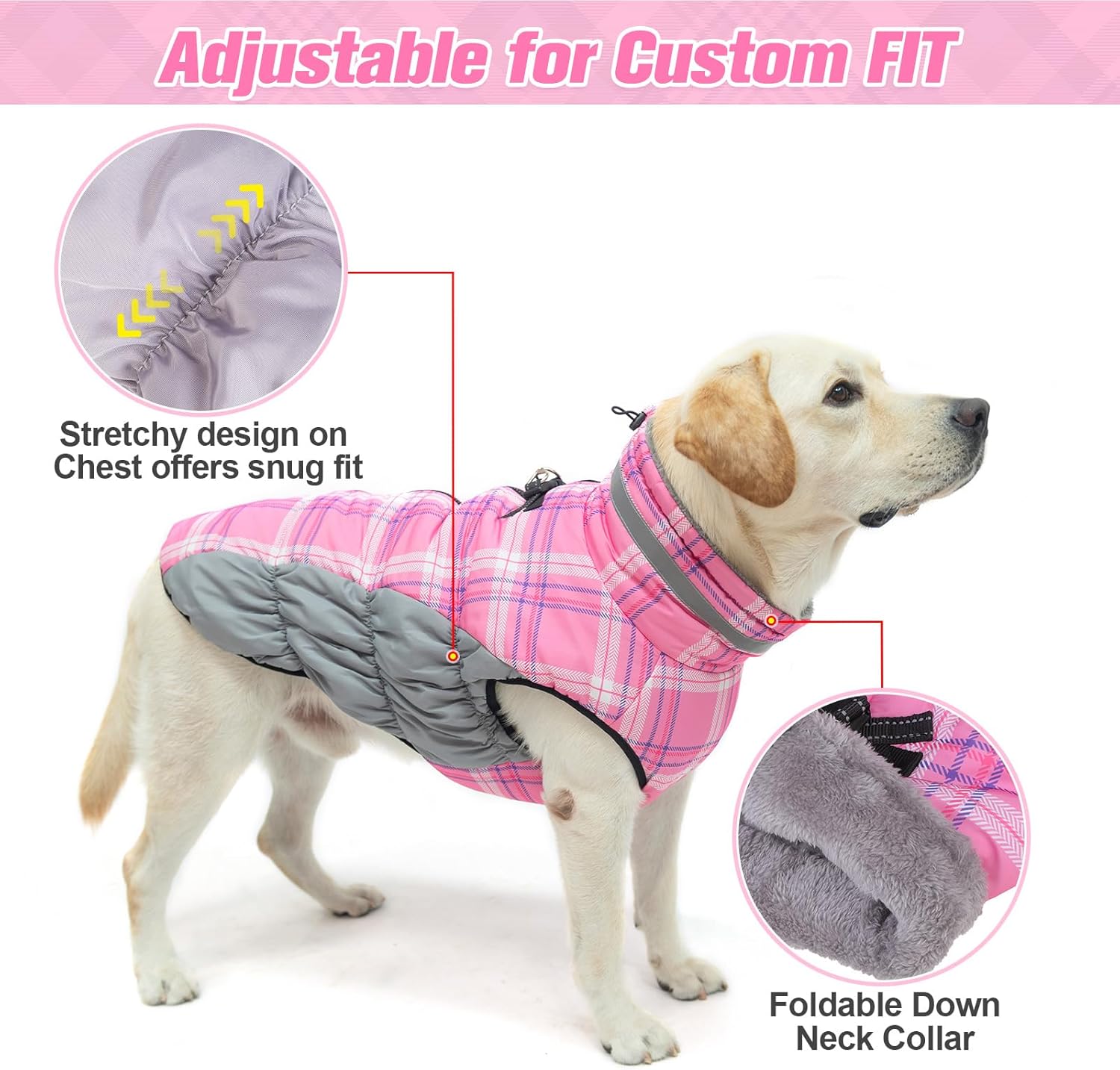 BEAUTYZOO Abrigo de invierno a cuadros para perro, chaqueta reflectante mejorada para perro, forro polar acolchado con arnés integrado, ropa