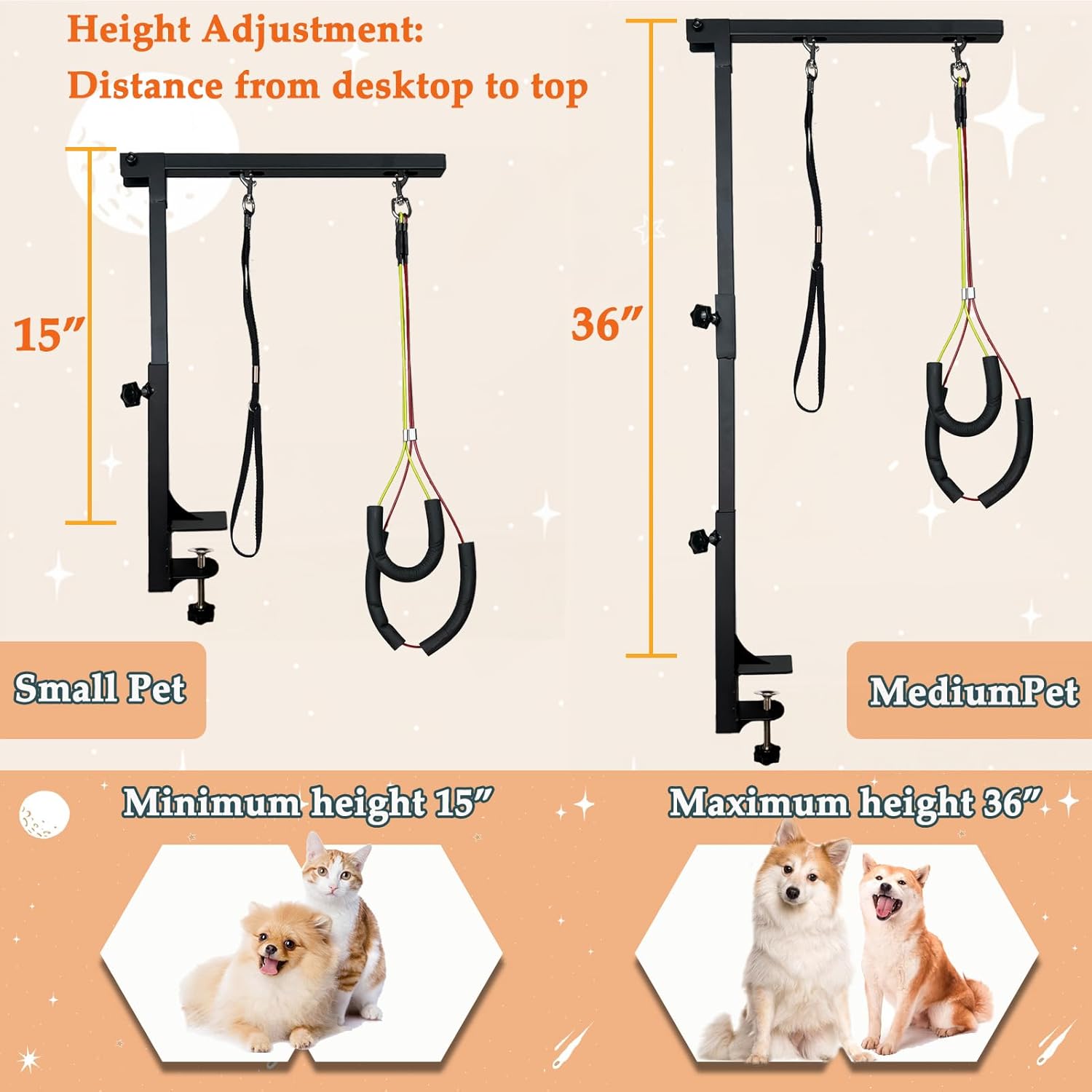 Brazo de aseo para perros con abrazadera, brazo de mesa de aseo para perros de 36 pulgadas, altura ajustable, dos soportes para no sentarse, diseño