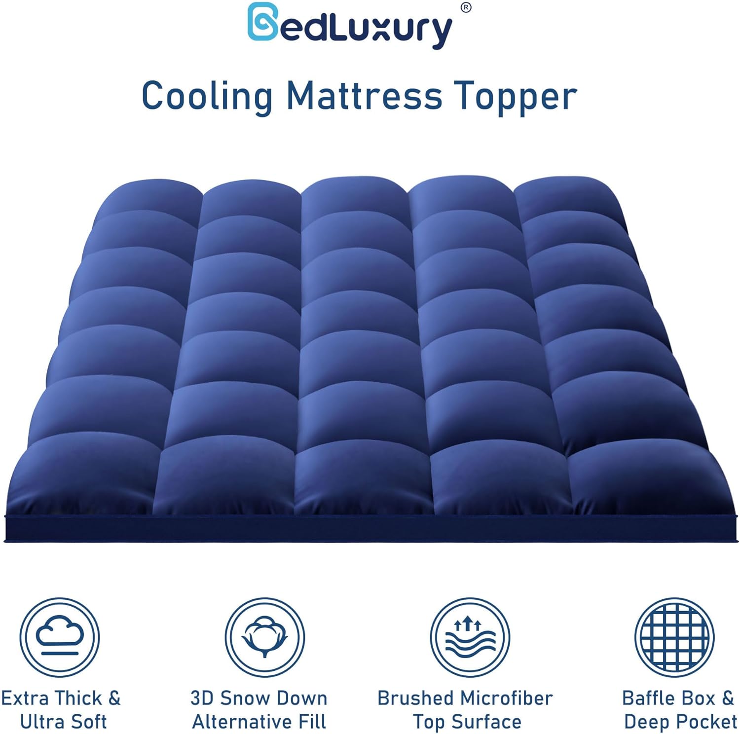 BedLuxury Cubrecolchón corto tamaño Queen, protector acolchado de felpa suave con bolsillo profundo de 8-21 pulgadas, color azul marino