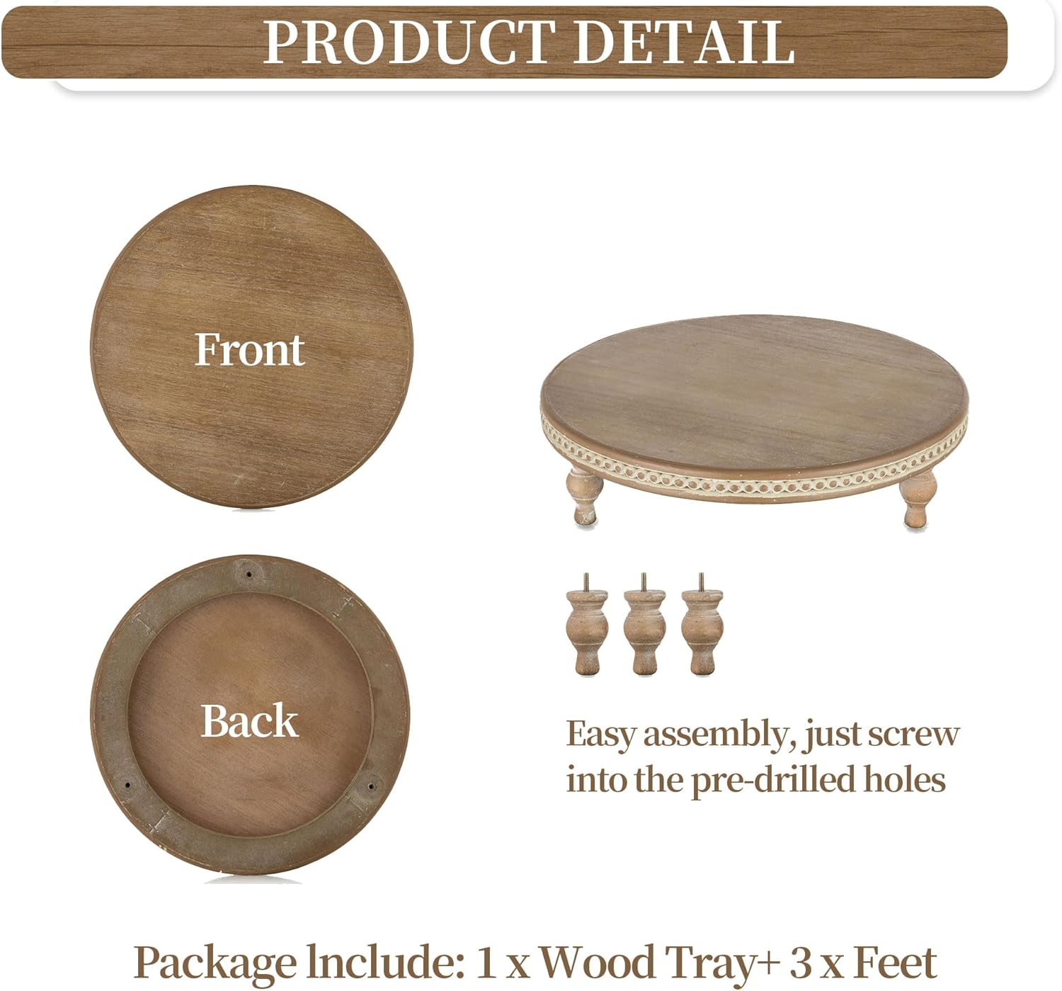 Hanobe Elevadores redondos de madera soporte de pedestal de madera con cuentas para decoración del hogar, bandejas decorativas marrones para