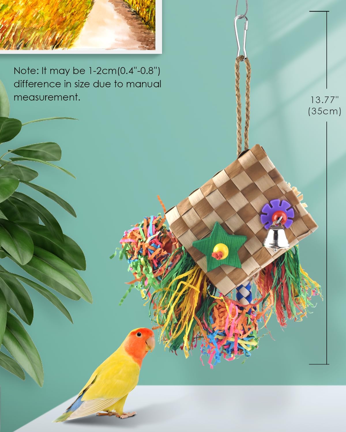 Bissap Juguetes para masticar pájaros, trituradora de forraje de loro, palmera natural, jaula colgante de juguete para conure Lovebird Budgie
