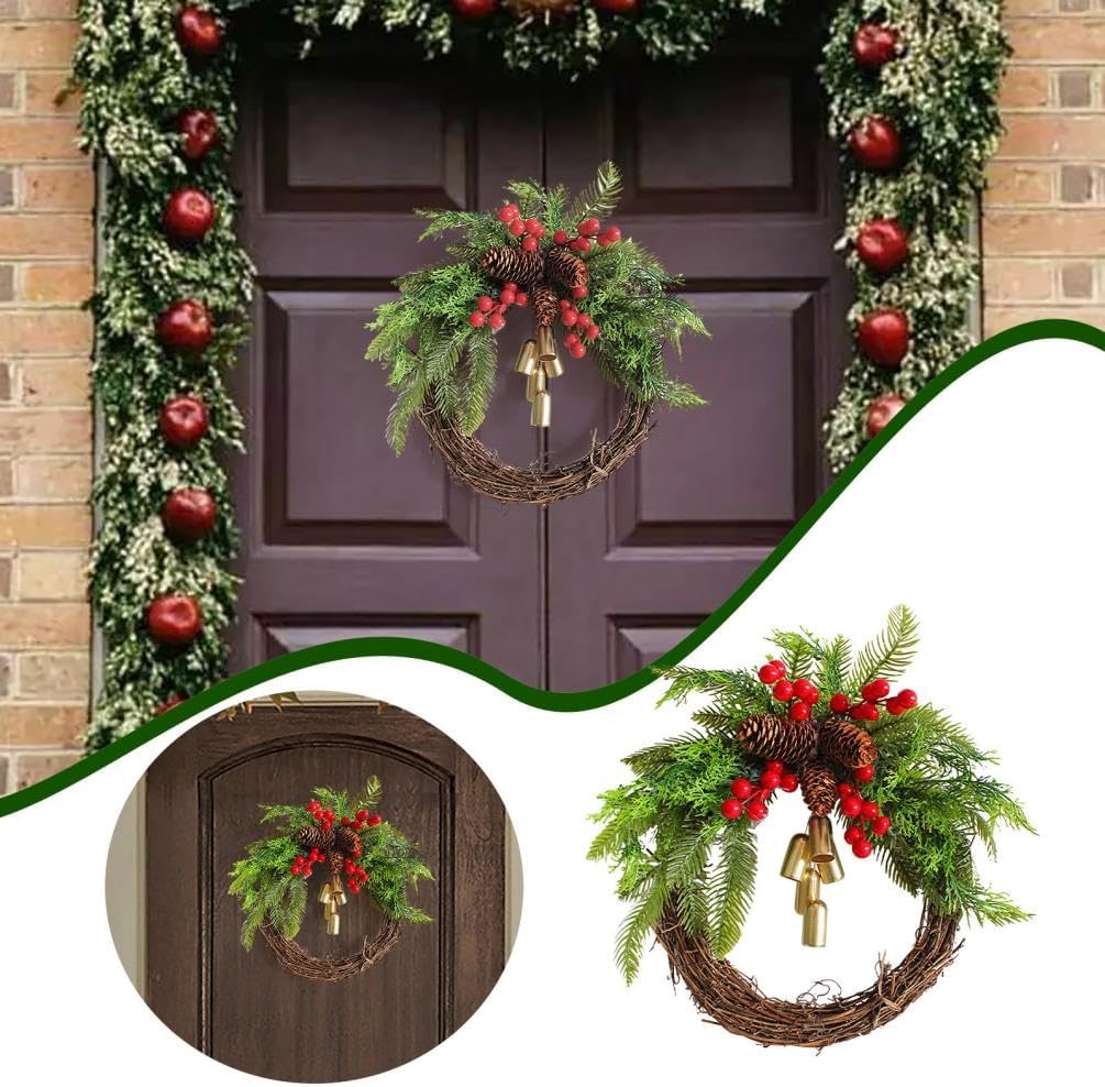 Corona de Navidad de granja, corona de campana dorada artificial, anillo de pino hecho a mano, corona de vid, decoración de Navidad, corona de ratán