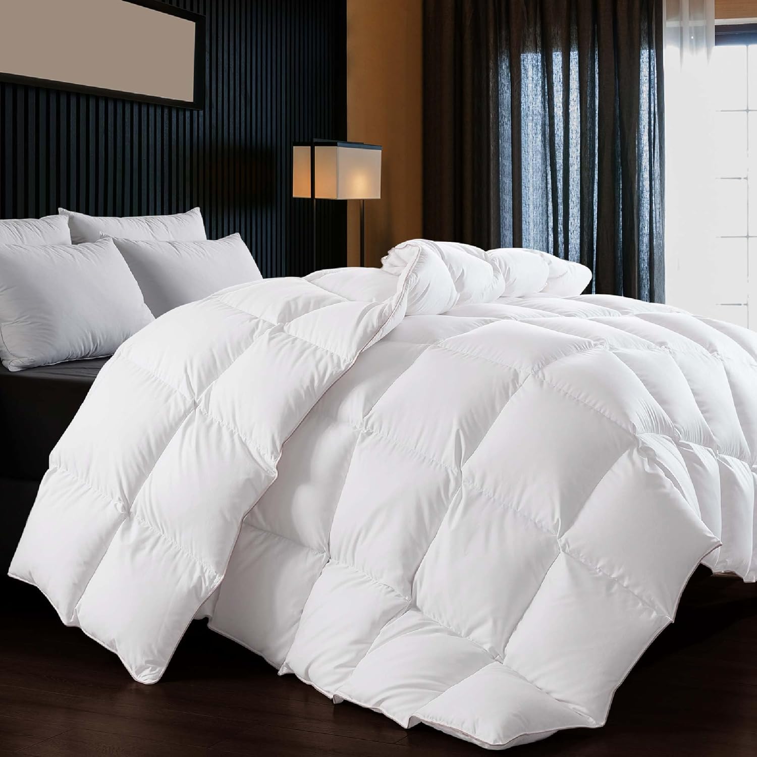 WhatsBedding Edredón de plumas de ganso blanco inflado, tamaño King, relleno de edredón de plumas para todas las estaciones, colección de hotel de