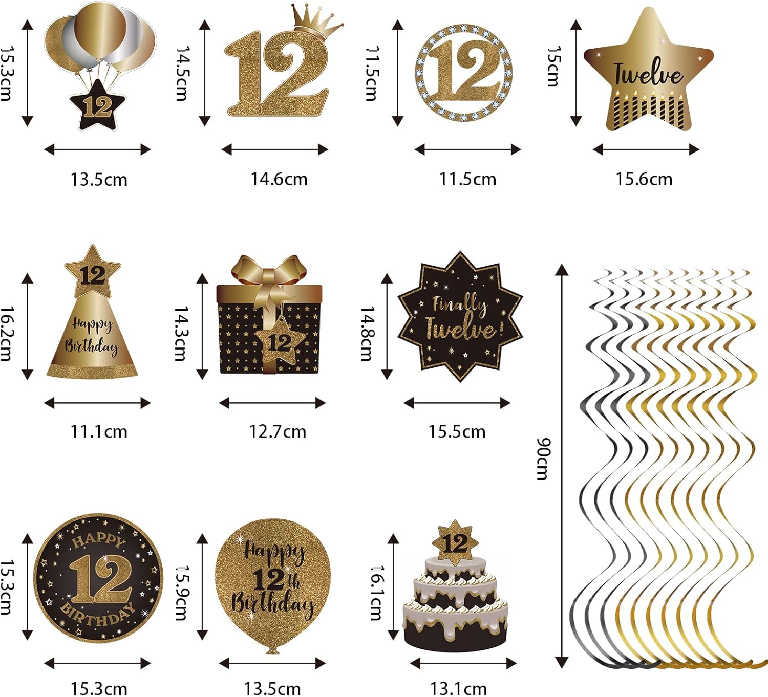 Decoración de techo de remolinos colgantes para fiesta de cumpleaños número 12, celebración, 12 espirales colgantes de aluminio con recortes para 12