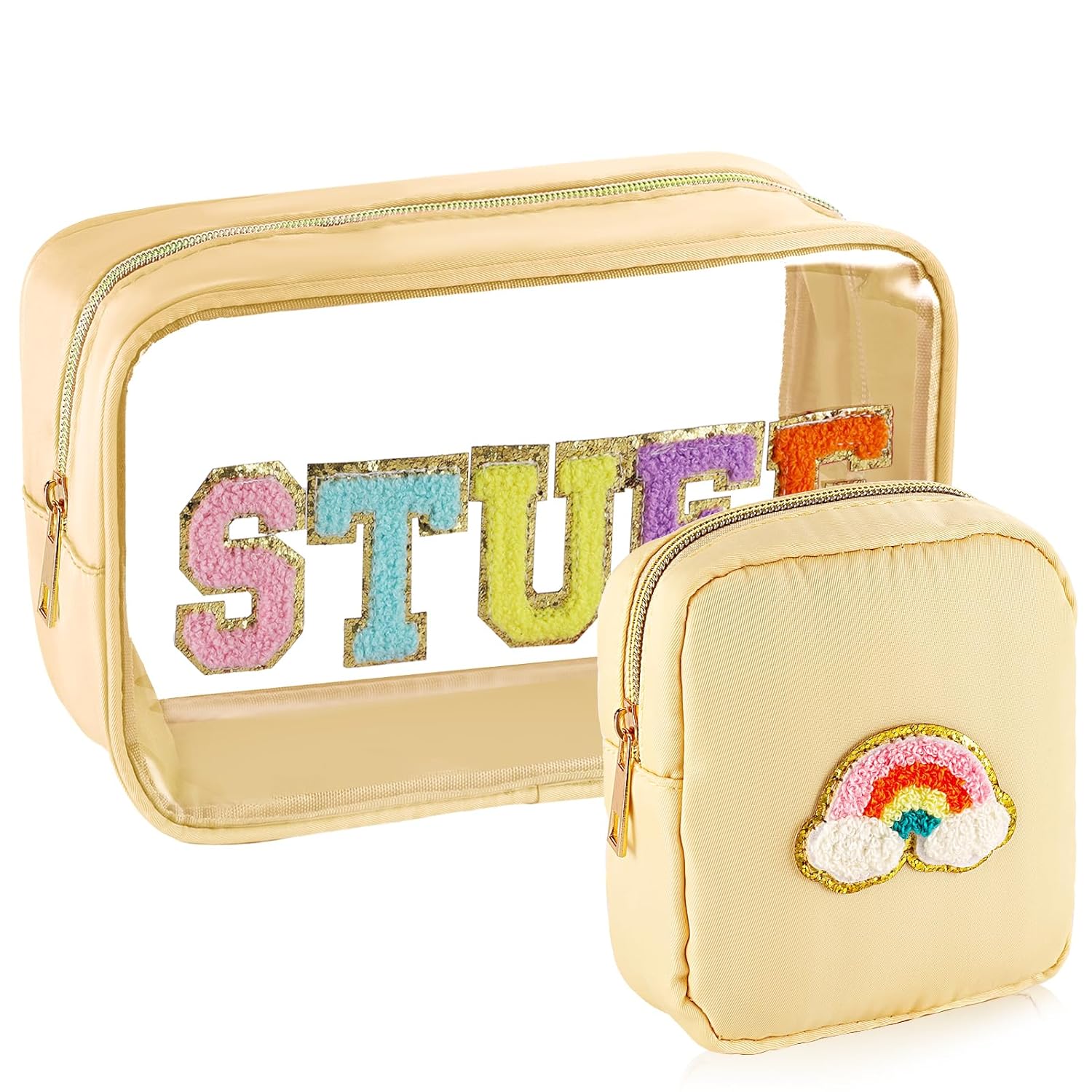 Bolsa de maquillaje transparente con letras de chenilla, de nailon, bolsa de cosméticos con cremallera, bolsa grande de maquillaje de viaje