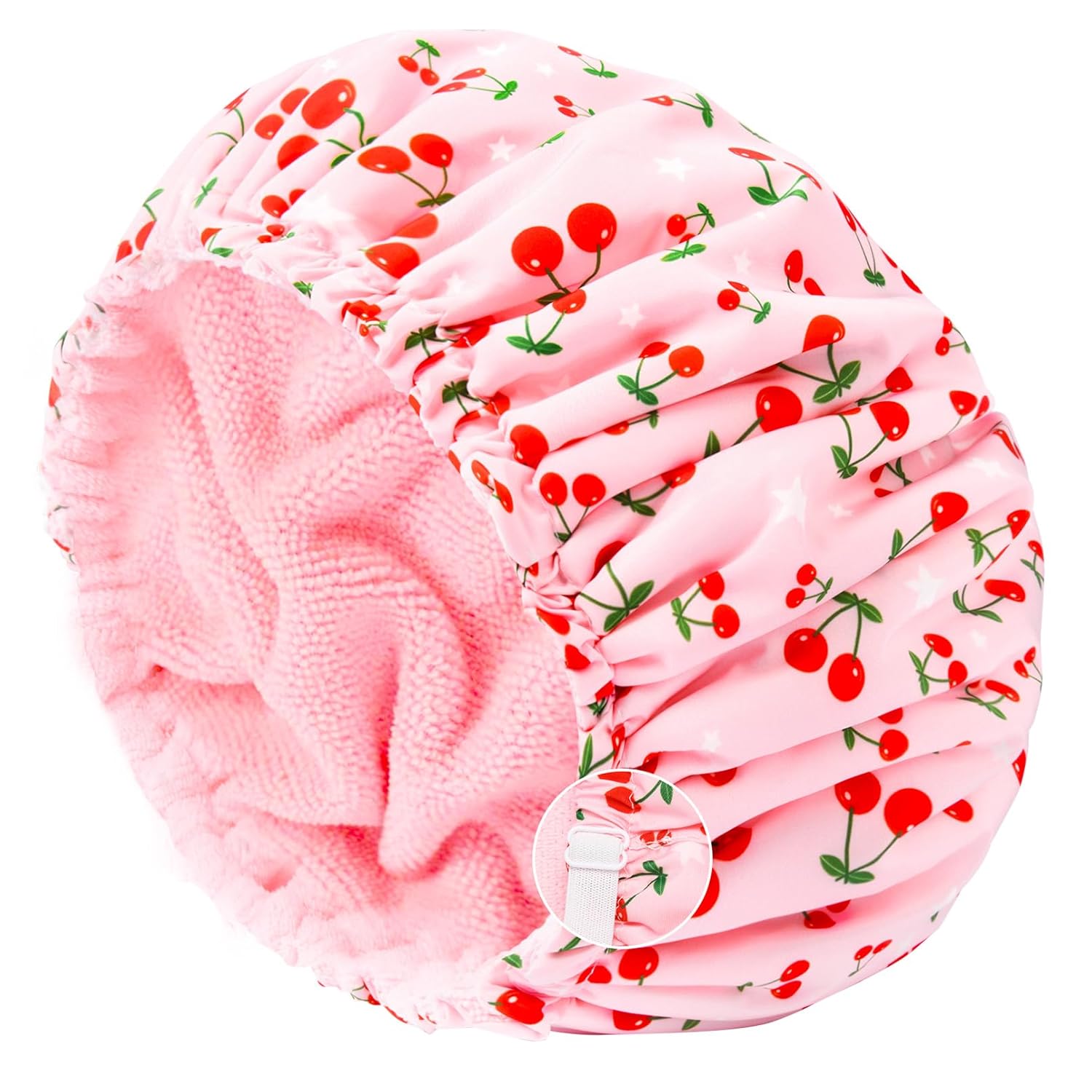 Gorro de ducha para mujer, con forro de rizo, grande, reutilizable, impermeable, banda elástica, color rosa, para cabello largo y grueso, suave