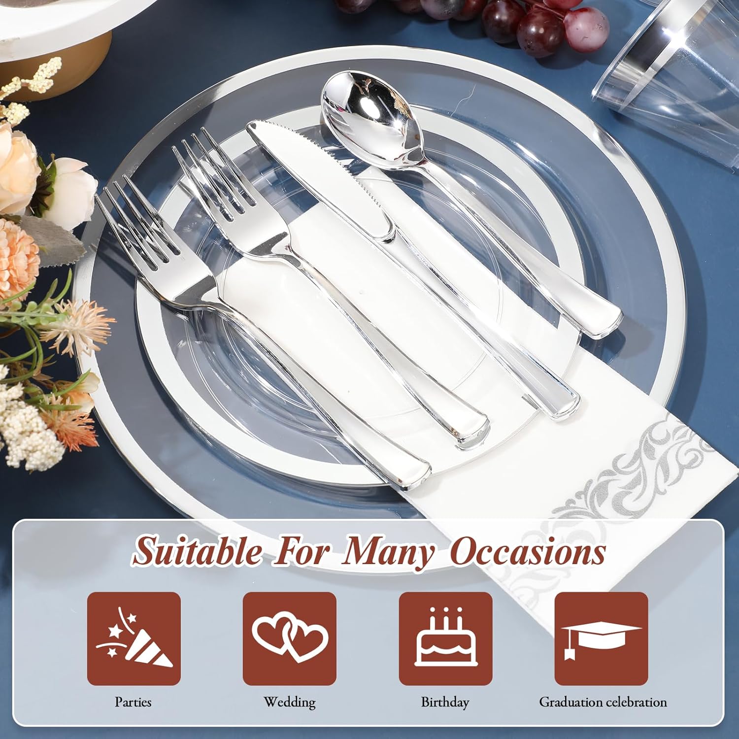 Juego de 225 platos de plástico transparente con borde para fiesta, vajilla desechable para 25 invitados, platos de plástico para fiestas,