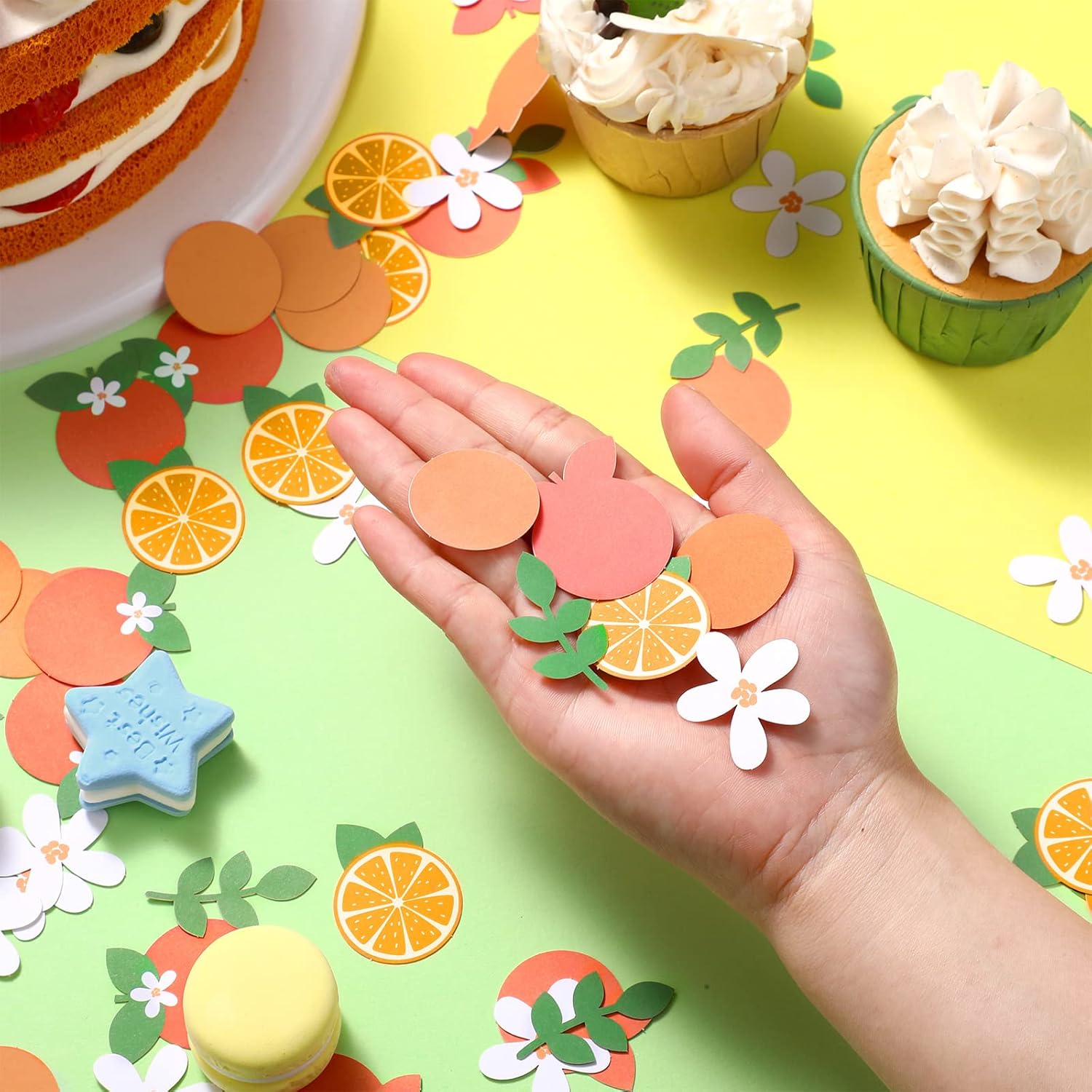 Capoda 300 piezas de confeti Little Cutie Baby Shower, confeti cítrico, blanco, verde, naranja, confeti de eucalipto mandarina, confeti disperso