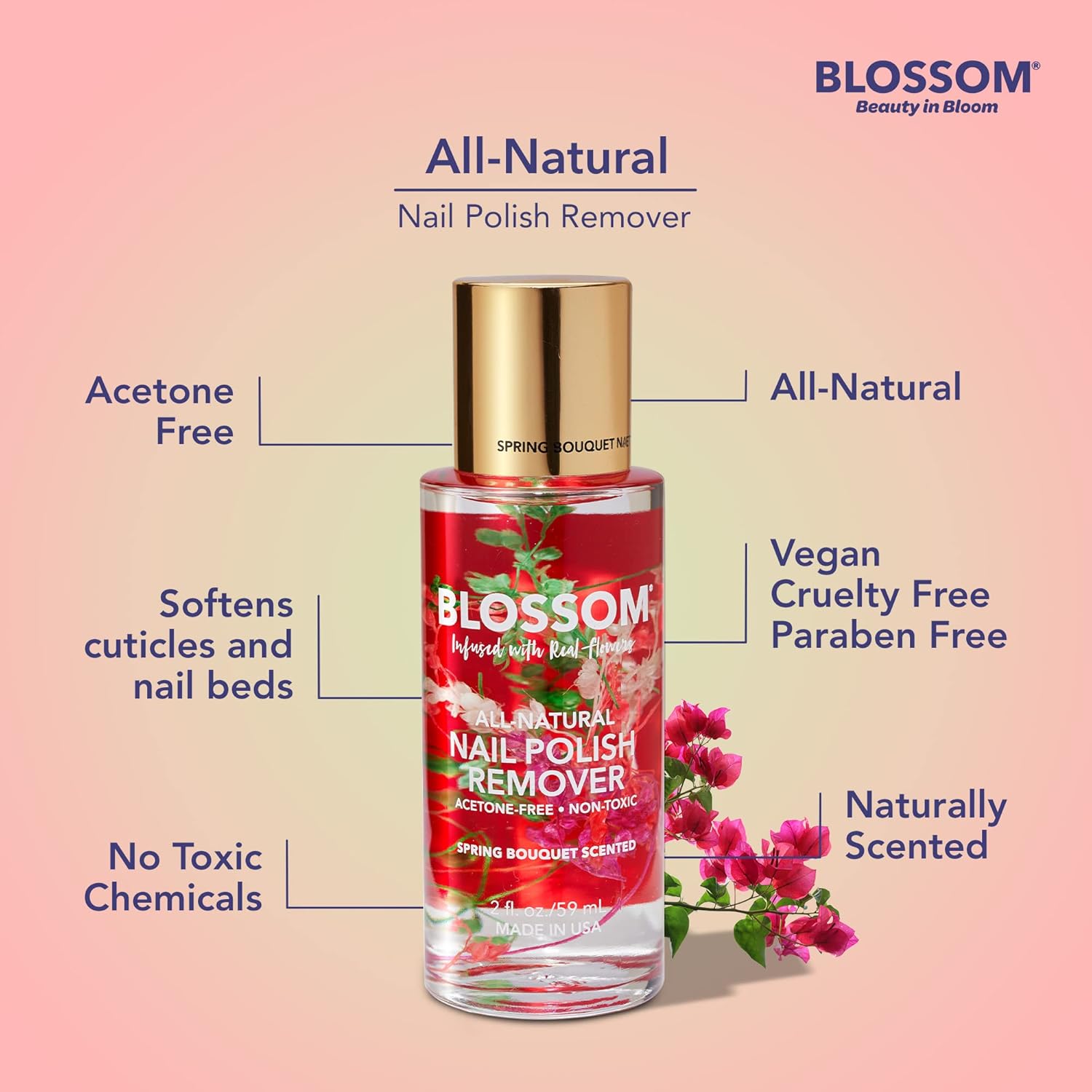 Blossom Todo natural, perfumado, orgánico a base de plantas, vegano, libre de crueldad, removedor de esmalte de uñas sin acetona, infundido con