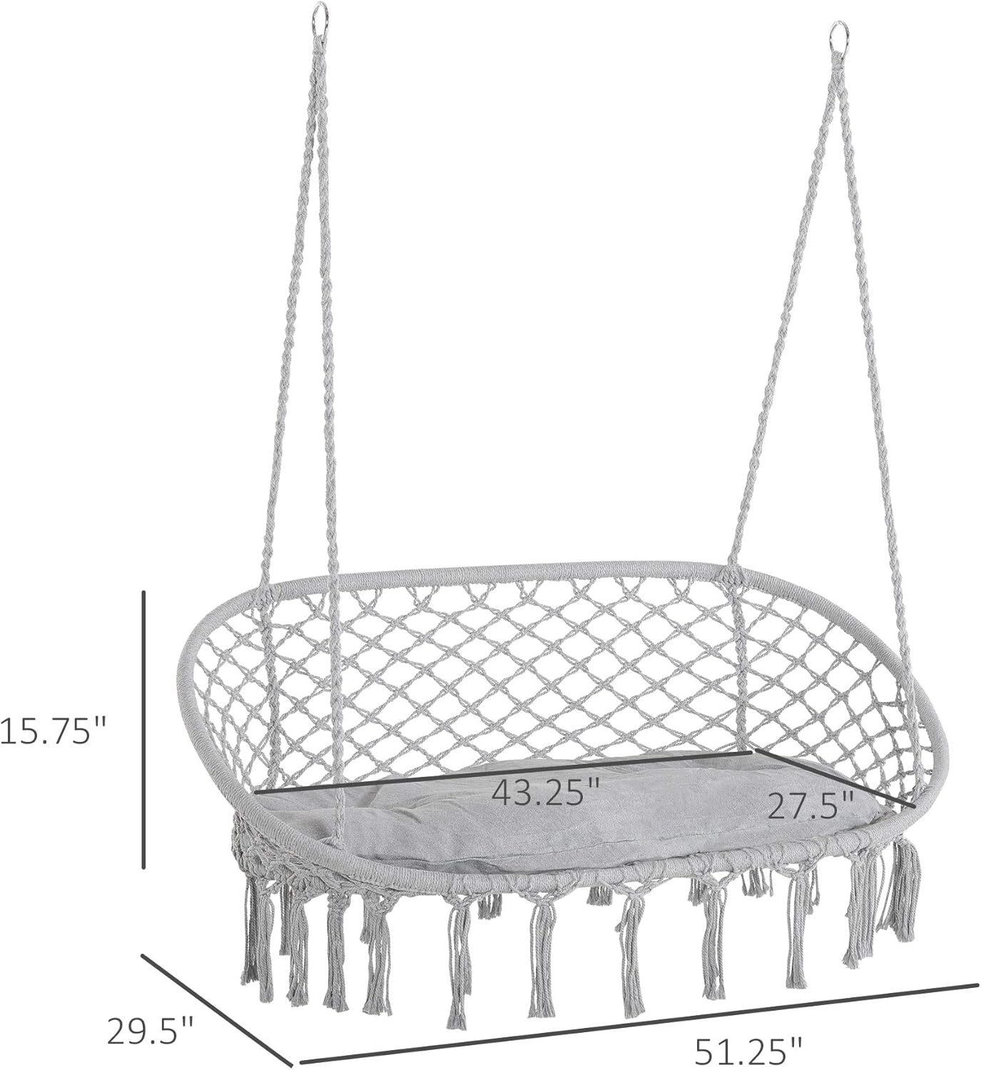 Outsunny Hamaca para 2 personas, columpio de macramé con cojín suave, silla colgante de cuerda de algodón para interiores y exteriores, hogar,