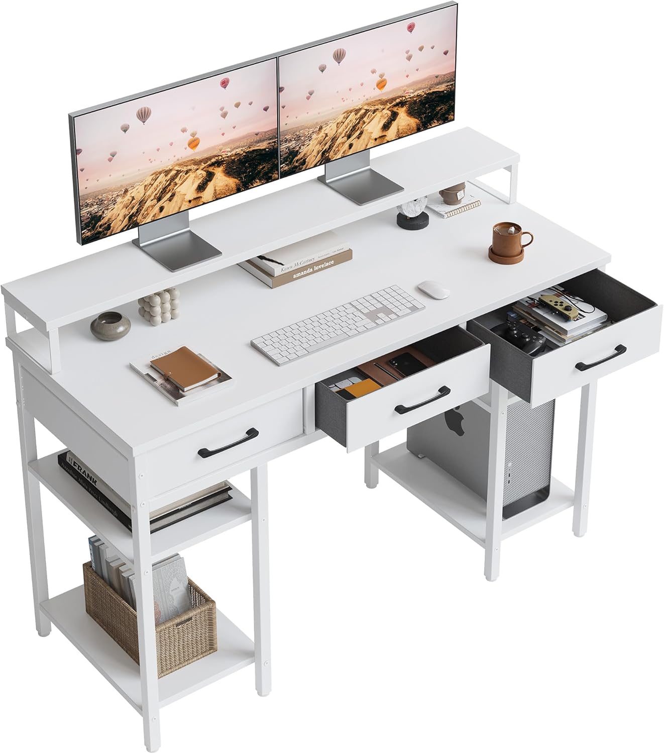 CubiCubi Escritorio de oficina para computadora de 47 pulgadas con cajones de tela y estantes de almacenamiento, escritorio pequeño y moderno con