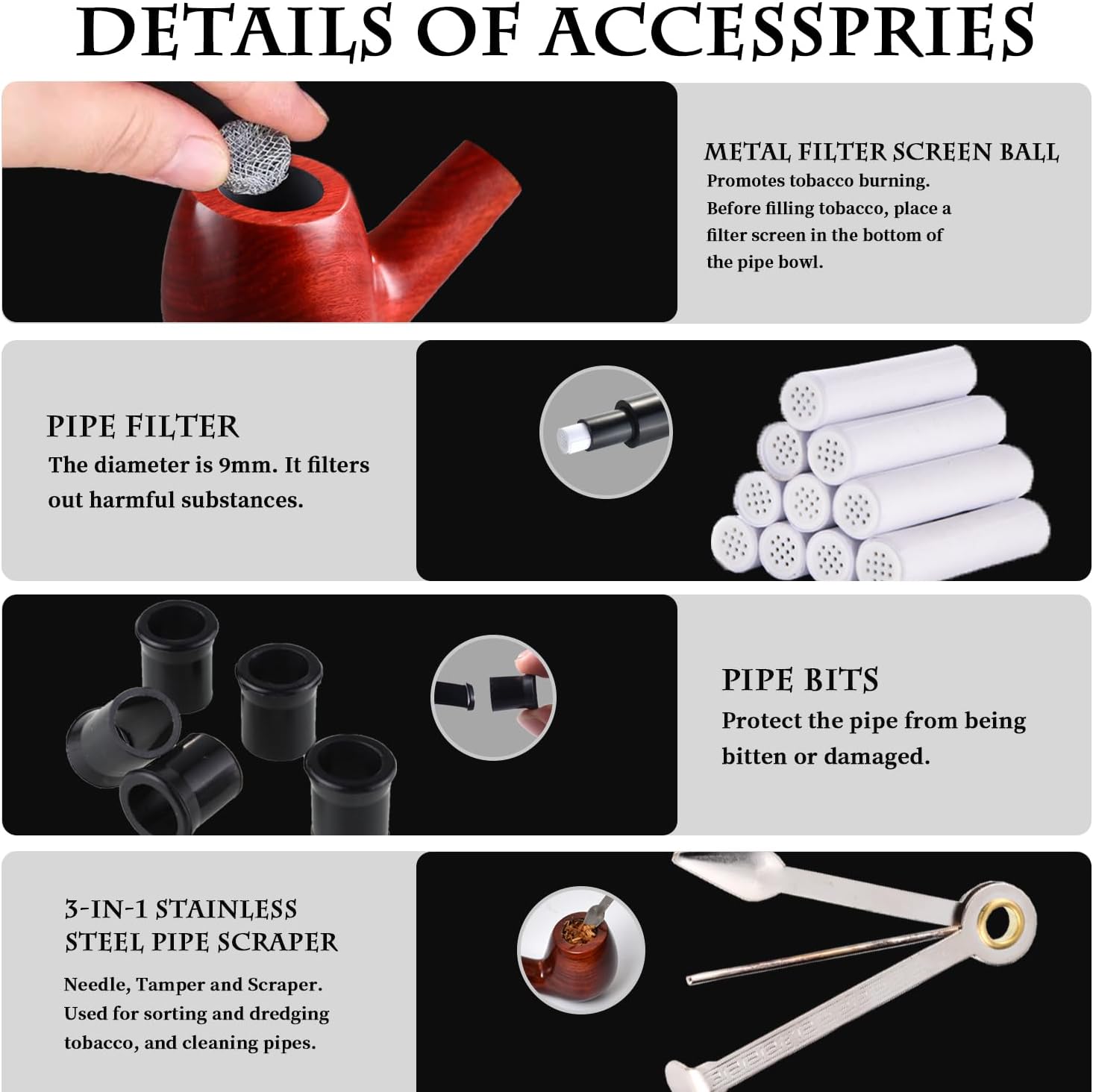 Pipa de tabaco de 0.354 in, viene con filtros de tubería, limpiadores de tuberías, raspador de tubos 3 en 1, bolas de metal para tuberías y brocas