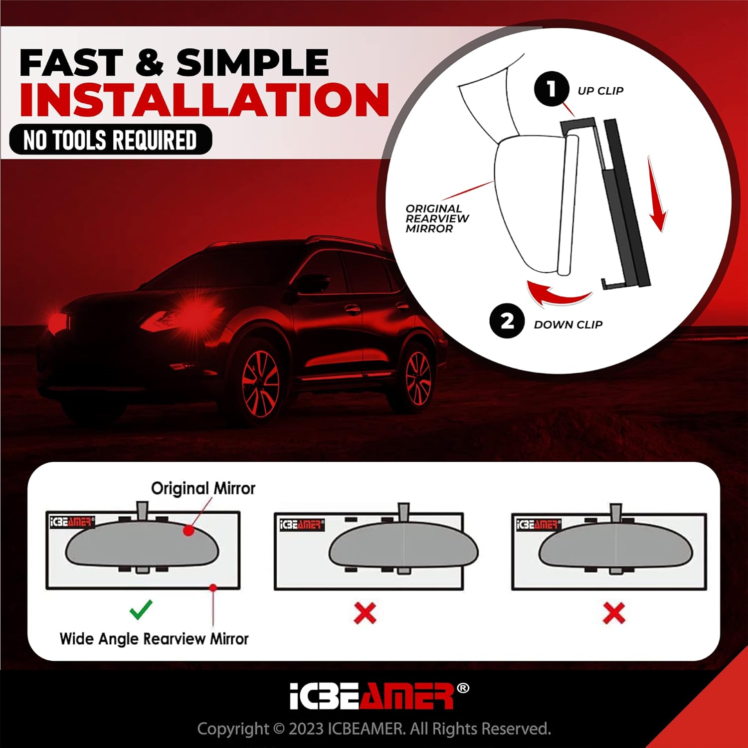 ICBEAMER – Espejo retrovisor interior convexo y transparente para automóvil de 11.8 pulgadas, fácil de enganchar, con un amplio ángulo panorámico,