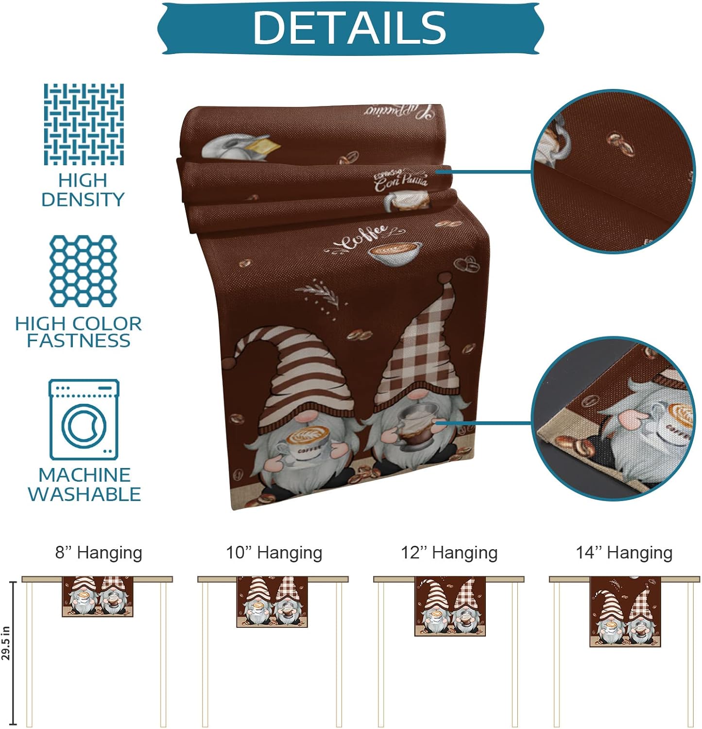 Coffee Time – Bufandas de mesa marrones, lindos gnomos de granos de café, lino y algodón, caminos de mesa para cocina, comedor, cafetería,