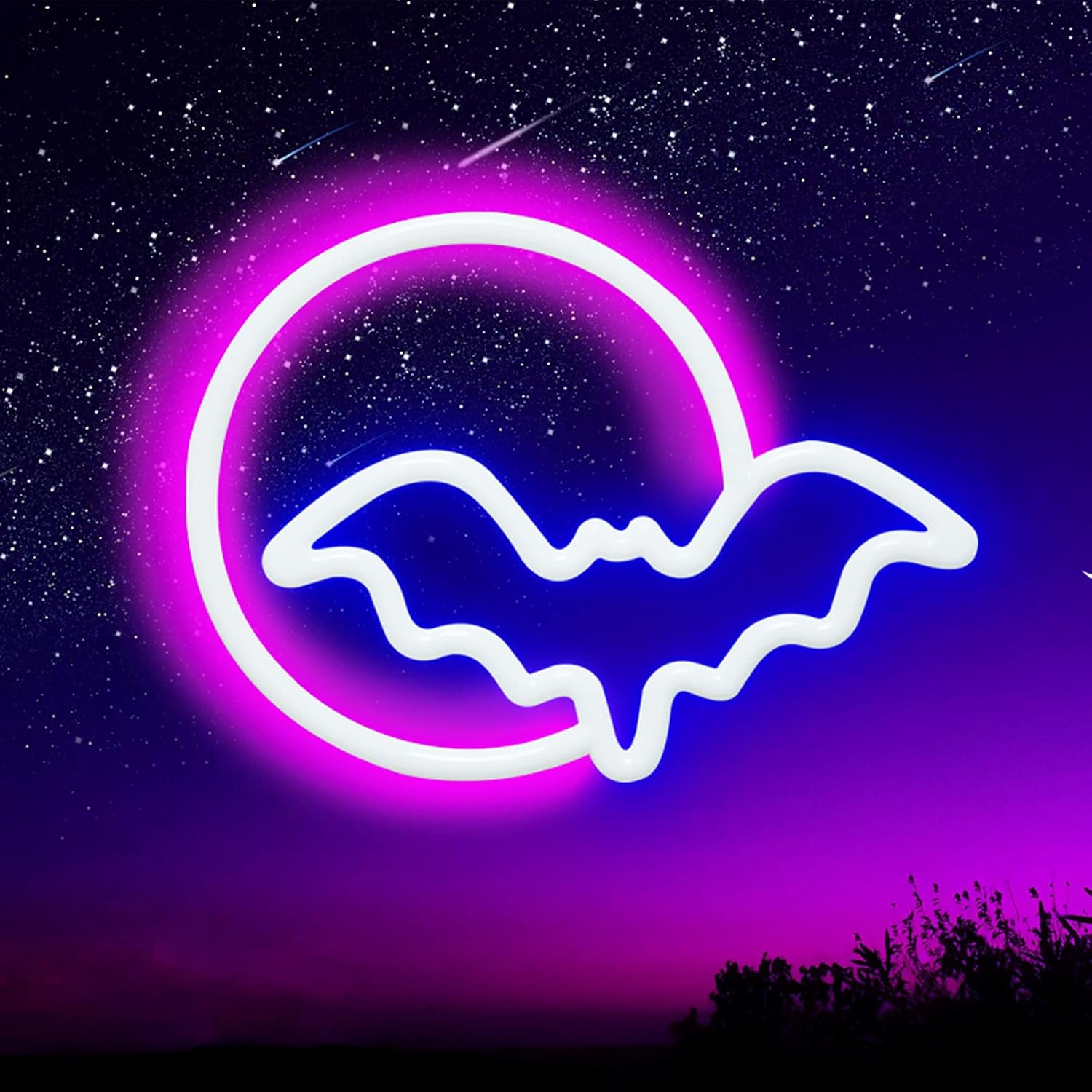 SEMETOR Letreros de neón, luces de neón LED de luna y murciélago, letrero de luz de neón para pared, USB, funciona con pilas, para decoración de