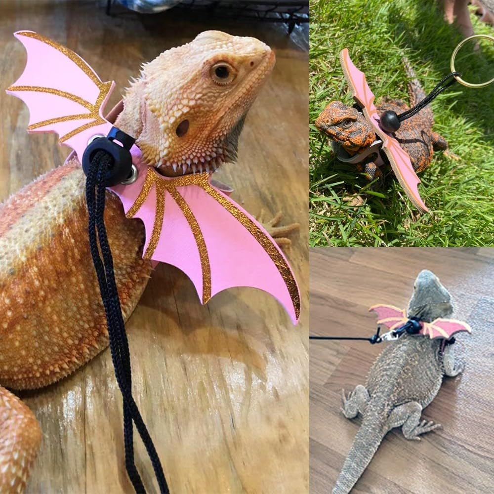 Arnés de correa de lagarto, 3 tamaños de alas de cuero de dragón barbudo, correa ajustable para reptiles y animales pequeños