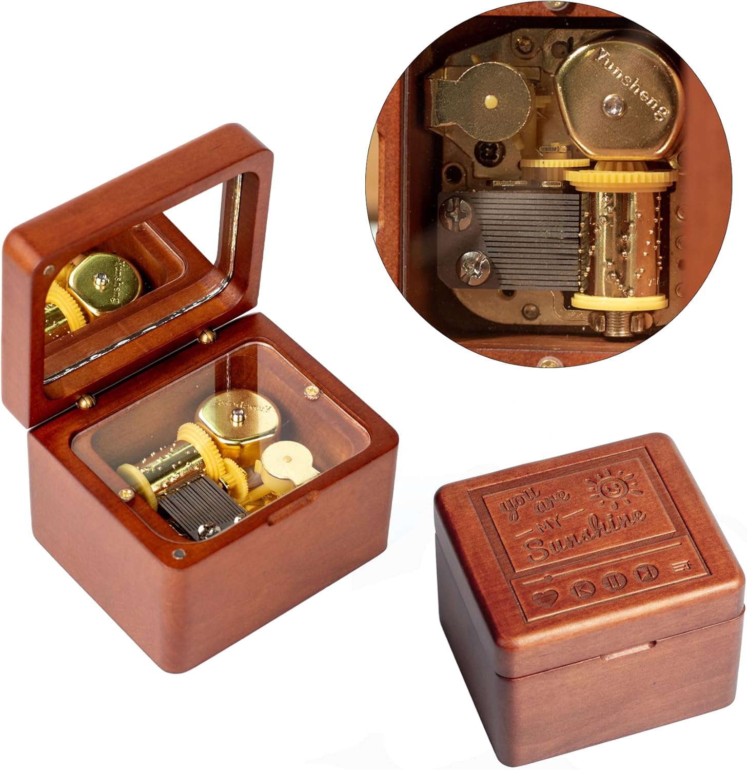 Caja de música de madera maciza con mecanismo de cuerda antigua, caja musical grabada con espejo, regalo de Navidad, cumpleaños, día de San Valentín