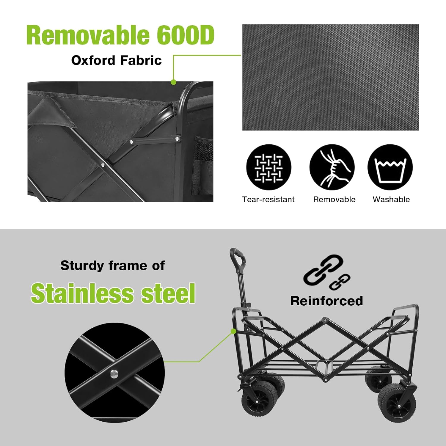 Carro de playa plegable con ruedas grandes todo terreno para arena, carros plegables resistentes con mango ajustable para exteriores, jardín,