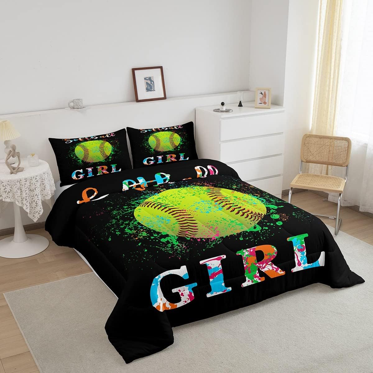 Juego de edredón de sóftbol para niños, tamaño matrimonial, juego de ropa de cama con temática deportiva para niños, niñas, adolescentes, decoración